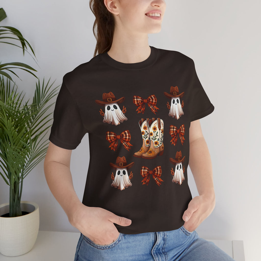 Cowgirl Fall Halloween Tee — Ghosts, Cowboy Boots & Plaid Bows Graphic T-Shirt