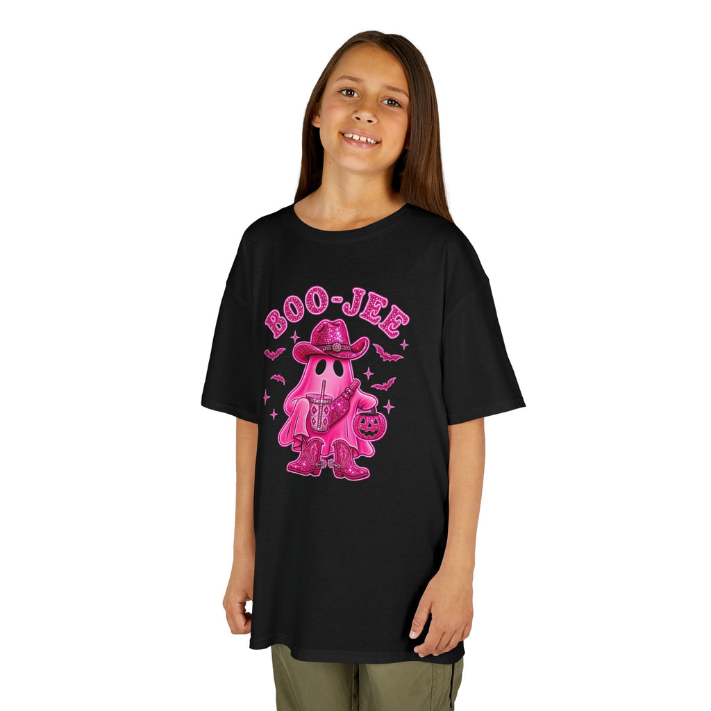 Boo-Jee Hot Pink Cowgirl Kids T-Shirt — Cute Pink Ghost Halloween Tee