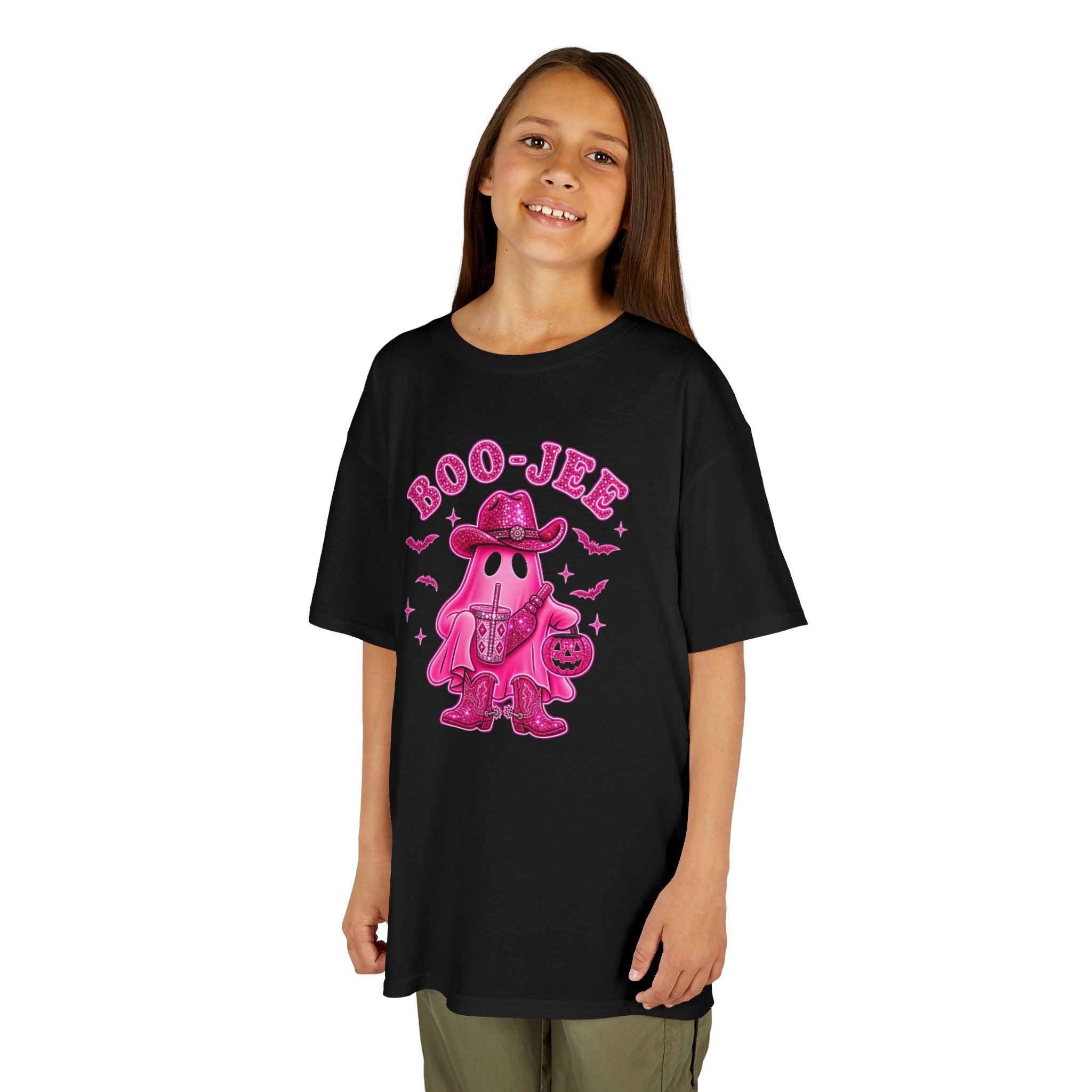 Boo-Jee Hot Pink Cowgirl Kids T-Shirt — Cute Pink Ghost Halloween Tee