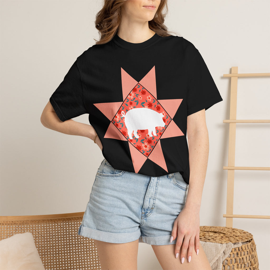 Pig Silhouette Star Quilting T-Shirt — Floral Farm Animal Tee