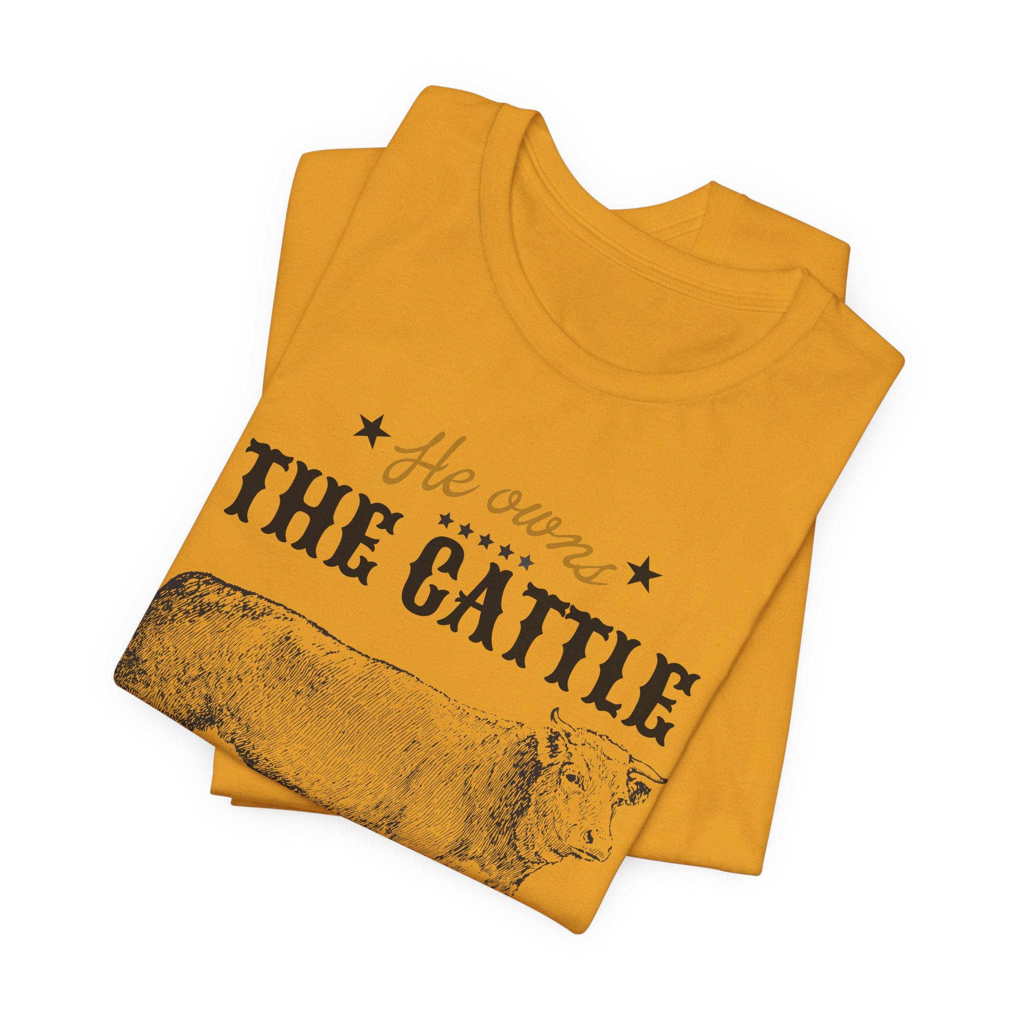 Vintage Cow Graphic Tee — "He Owns The Cattle" Rustic Farm Shirt (Psalm 50:10)