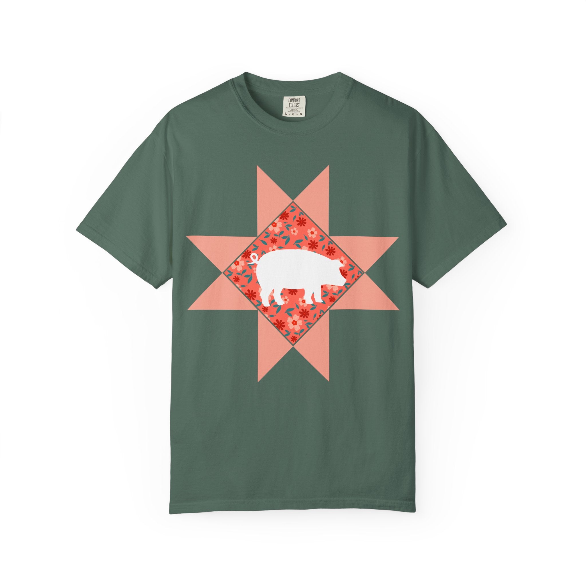 Pig Silhouette Star Quilting T-Shirt — Floral Farm Animal Tee
