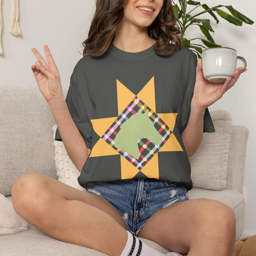 Starburst Quilt Horse Tee — Floral Patchwork Graphic T-Shirt