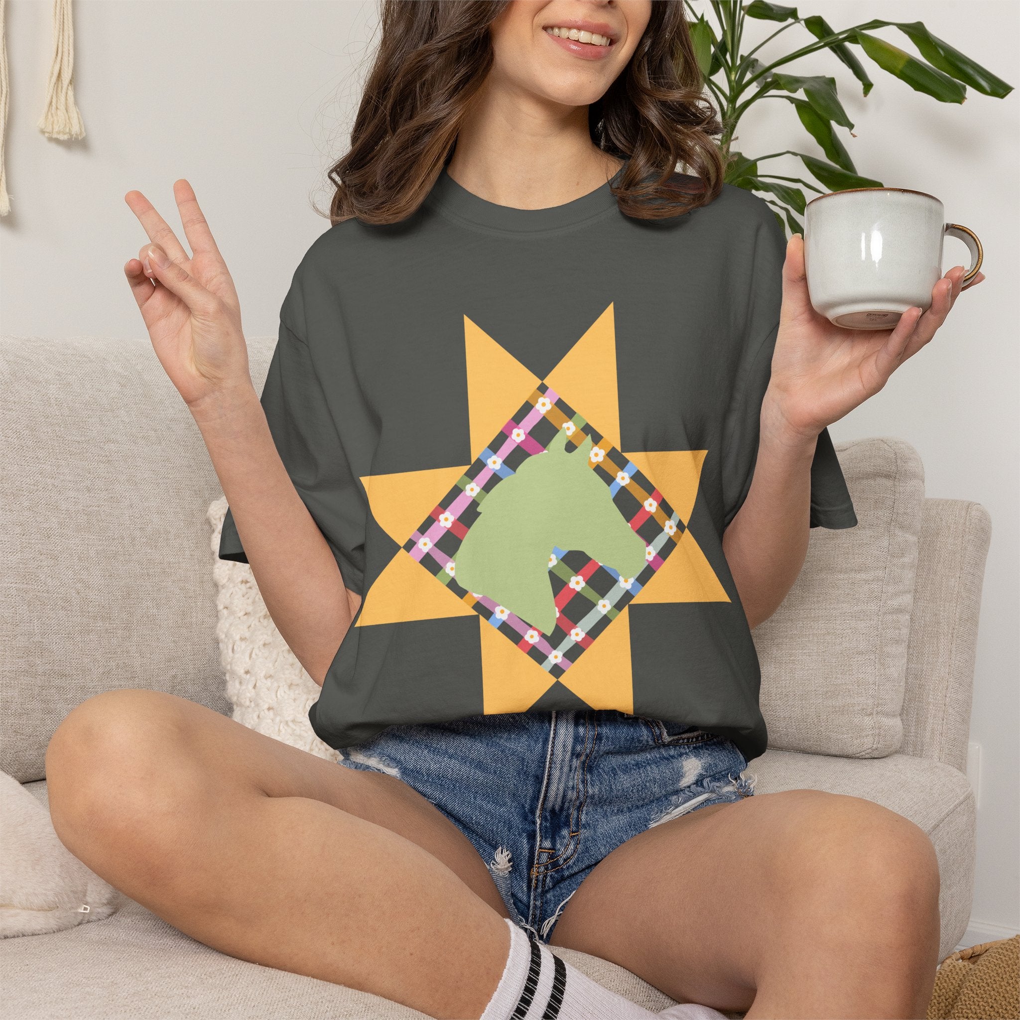 Starburst Quilt Horse Tee — Floral Patchwork Graphic T-Shirt