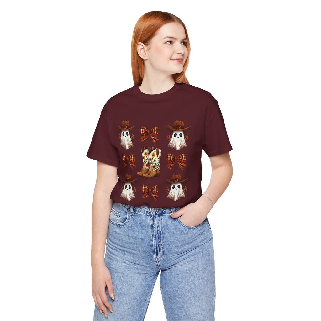 Cowgirl Fall Halloween Tee — Ghosts, Cowboy Boots & Plaid Bows Graphic T-Shirt