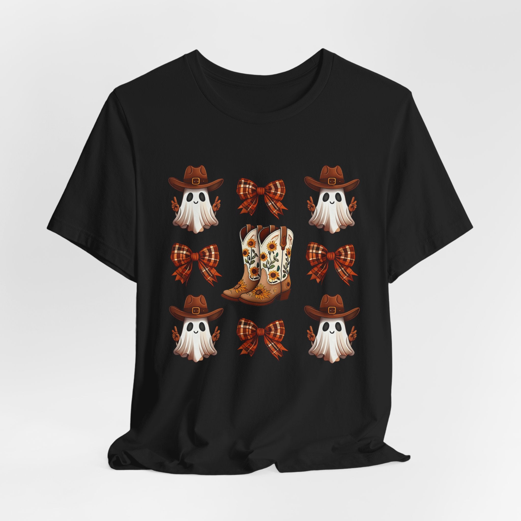 Cowgirl Fall Halloween Tee — Ghosts, Cowboy Boots & Plaid Bows Graphic T-Shirt