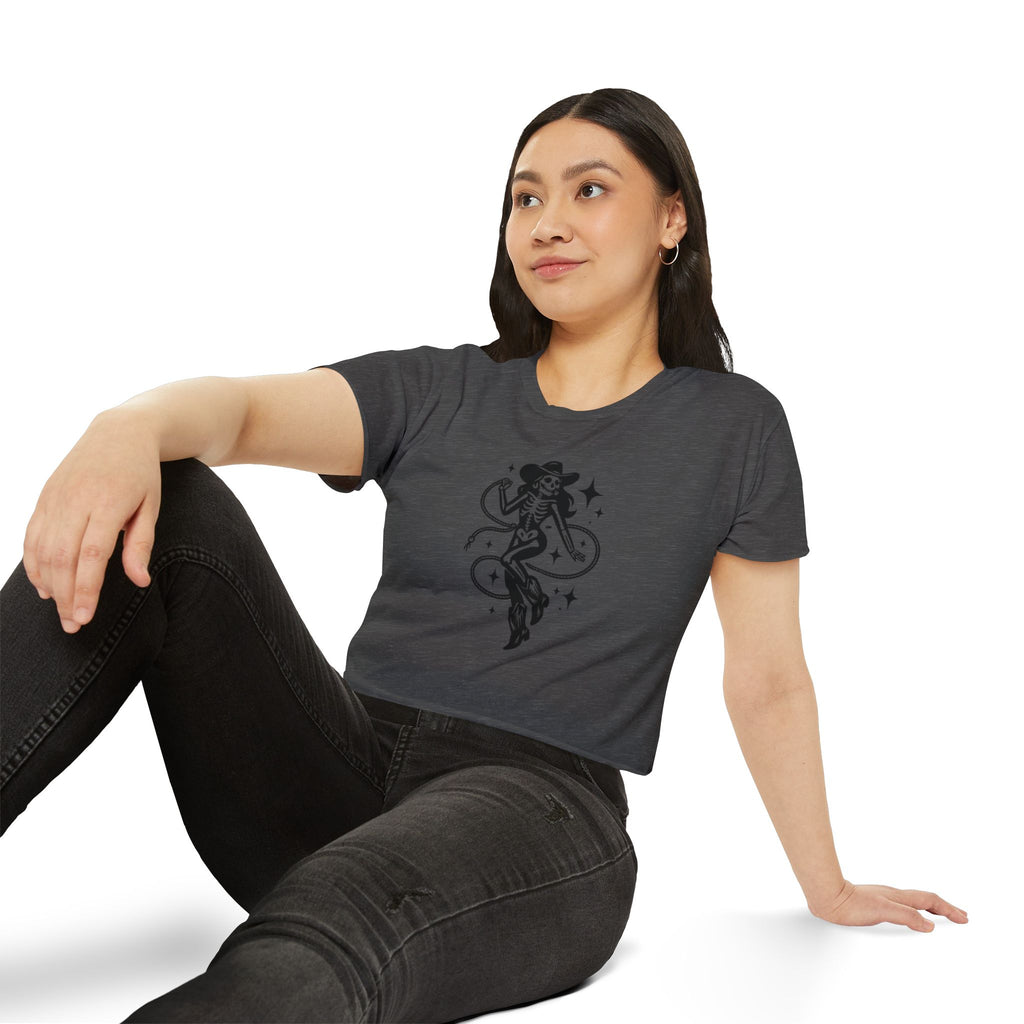 Skeleton Cowgirl Crop Top — Retro Western Festival Tee