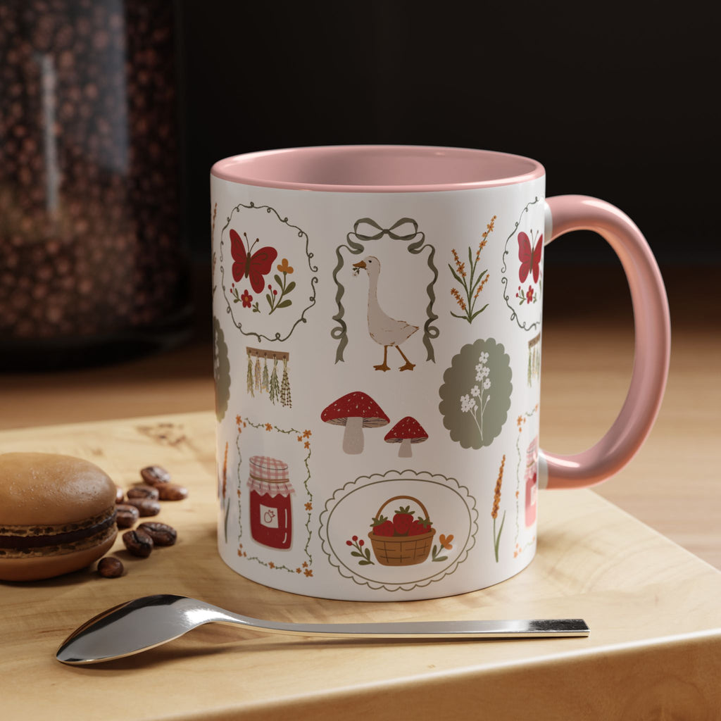 Floral Cottage Accent Coffee Mug — Pink Interior with Garden Icons (11/15 oz)