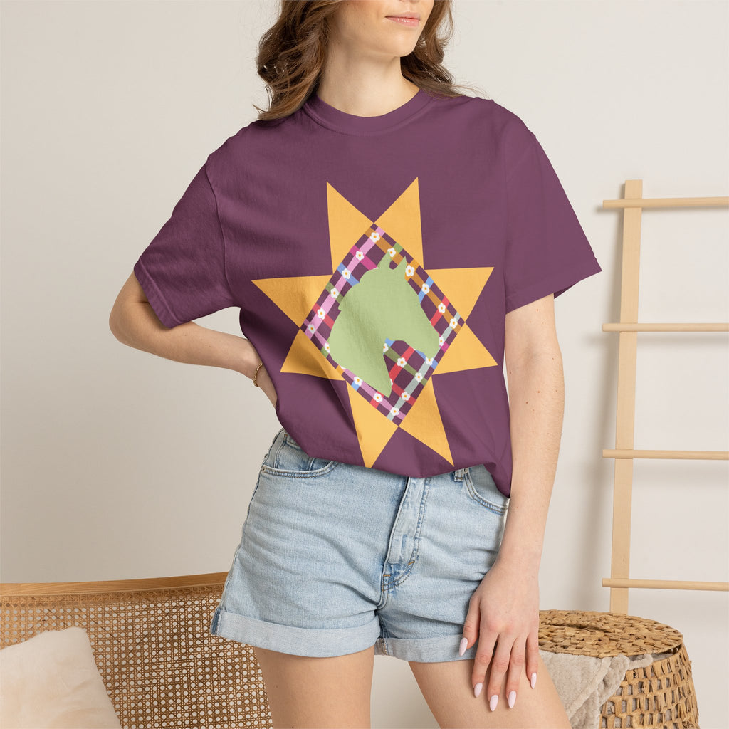 Starburst Quilt Horse Tee — Floral Patchwork Graphic T-Shirt