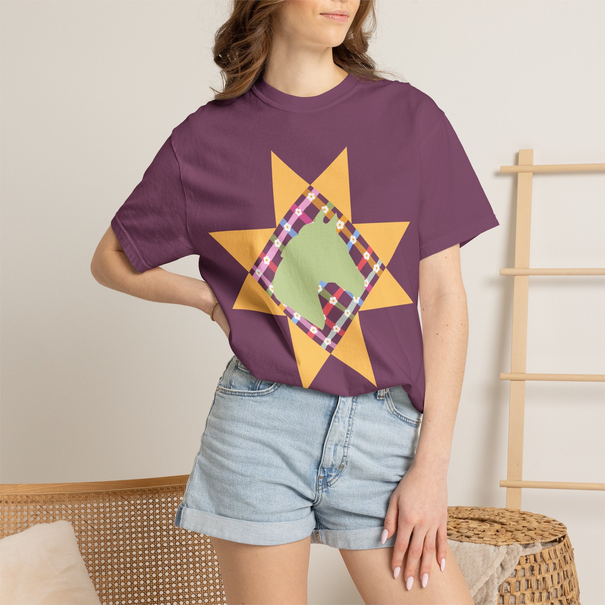 Starburst Quilt Horse Tee — Floral Patchwork Graphic T-Shirt
