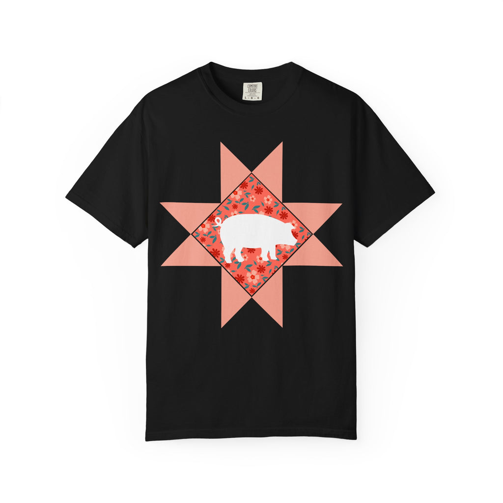 Pig Silhouette Star Quilting T-Shirt — Floral Farm Animal Tee