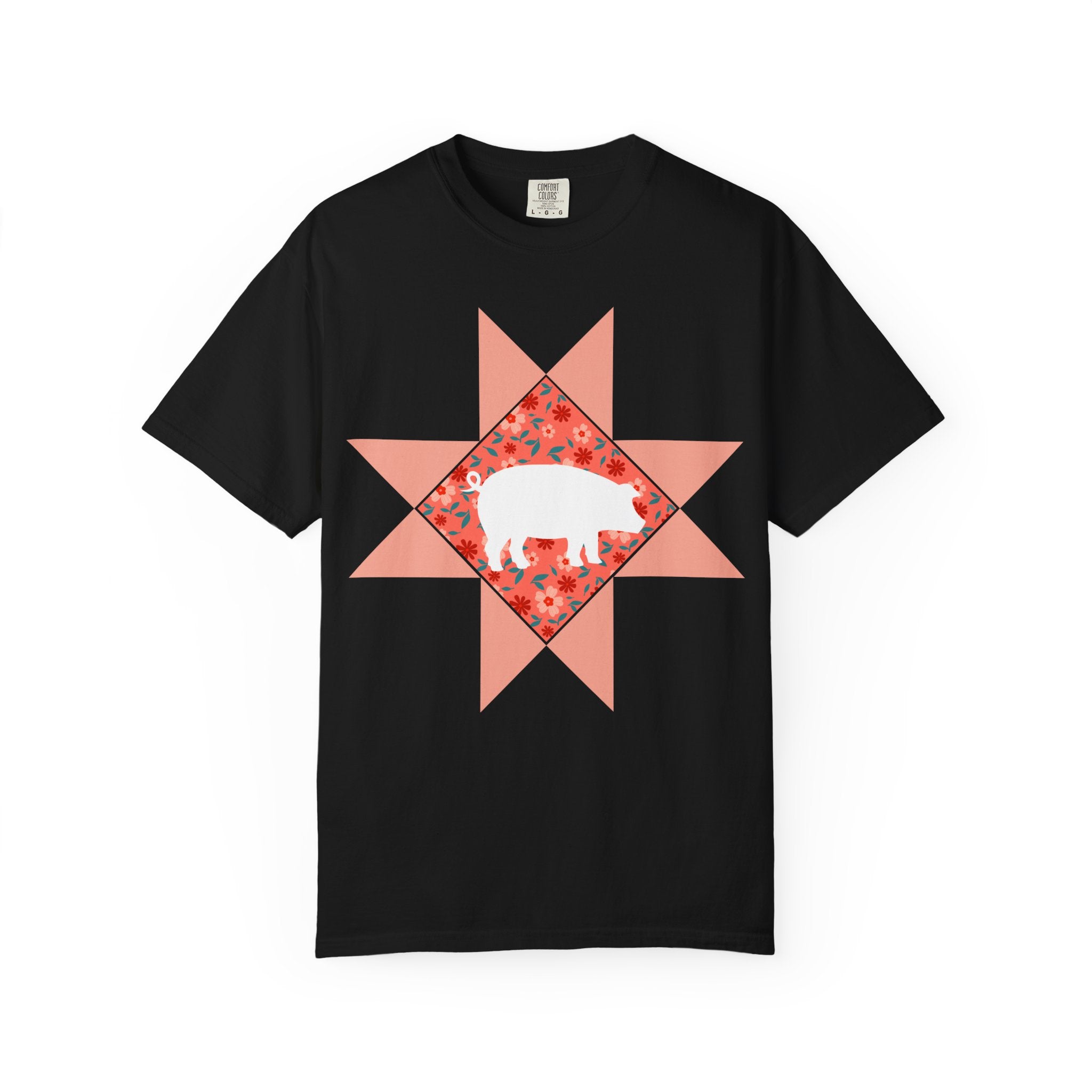 Pig Silhouette Star Quilting T-Shirt — Floral Farm Animal Tee