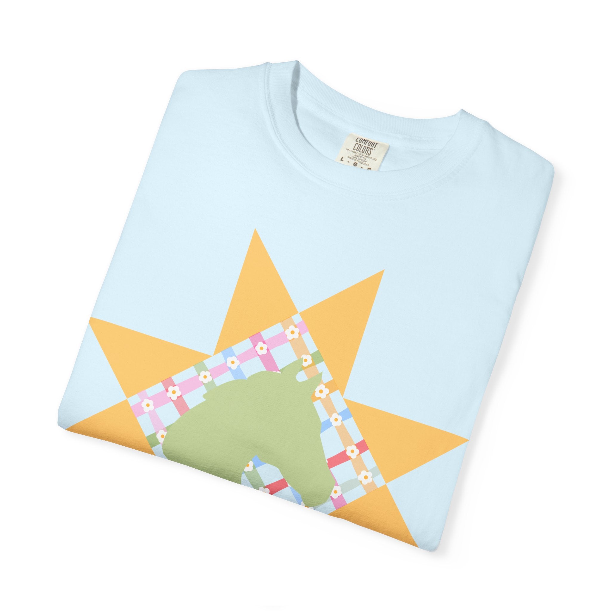 Starburst Quilt Horse Tee — Floral Patchwork Graphic T-Shirt