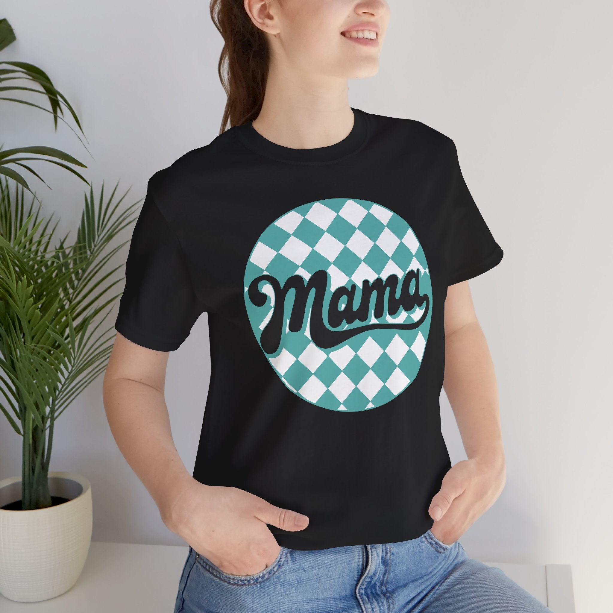 Mama Retro Checkerboard Tee — Vintage Script Mom T-Shirt