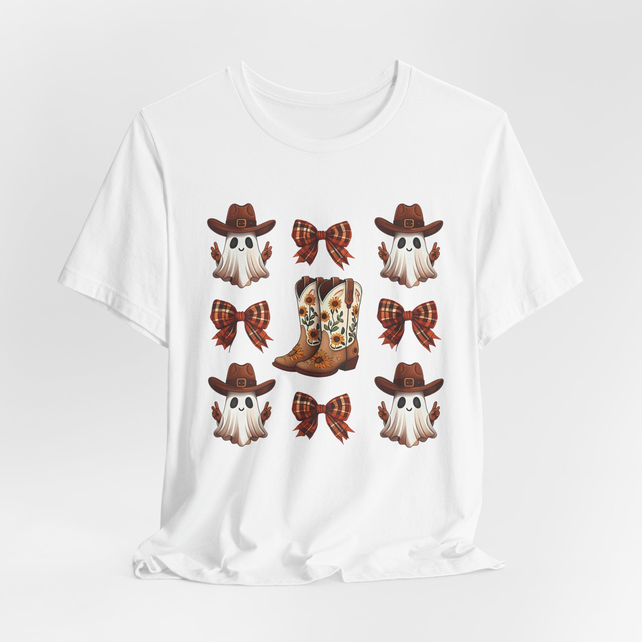 Cowgirl Fall Halloween Tee — Ghosts, Cowboy Boots & Plaid Bows Graphic T-Shirt