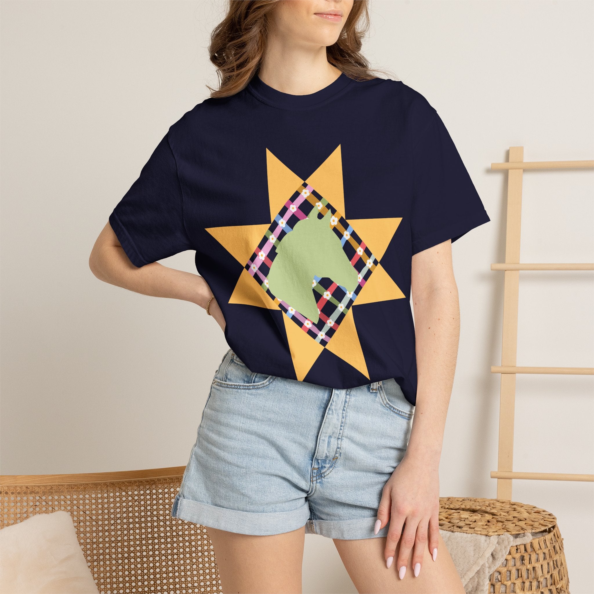 Starburst Quilt Horse Tee — Floral Patchwork Graphic T-Shirt