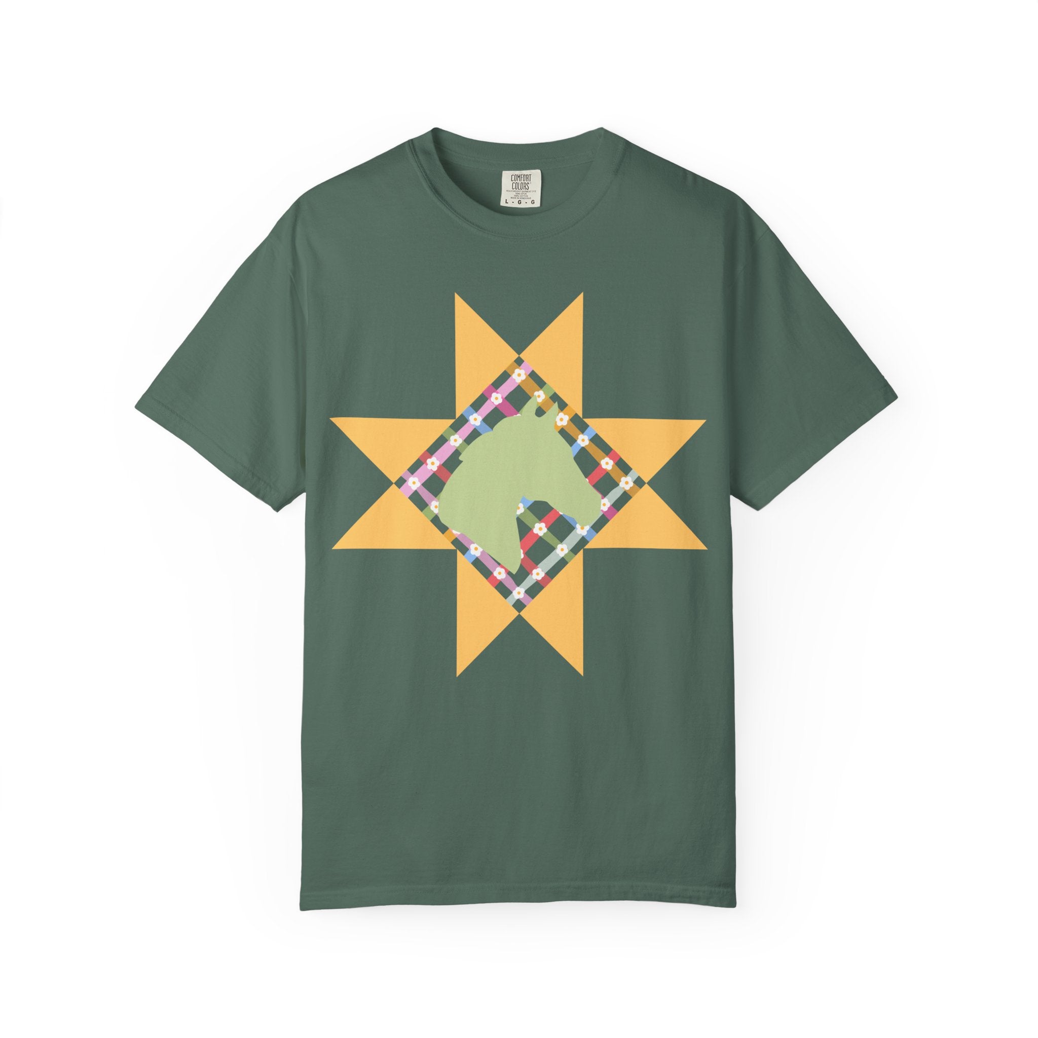 Starburst Quilt Horse Tee — Floral Patchwork Graphic T-Shirt