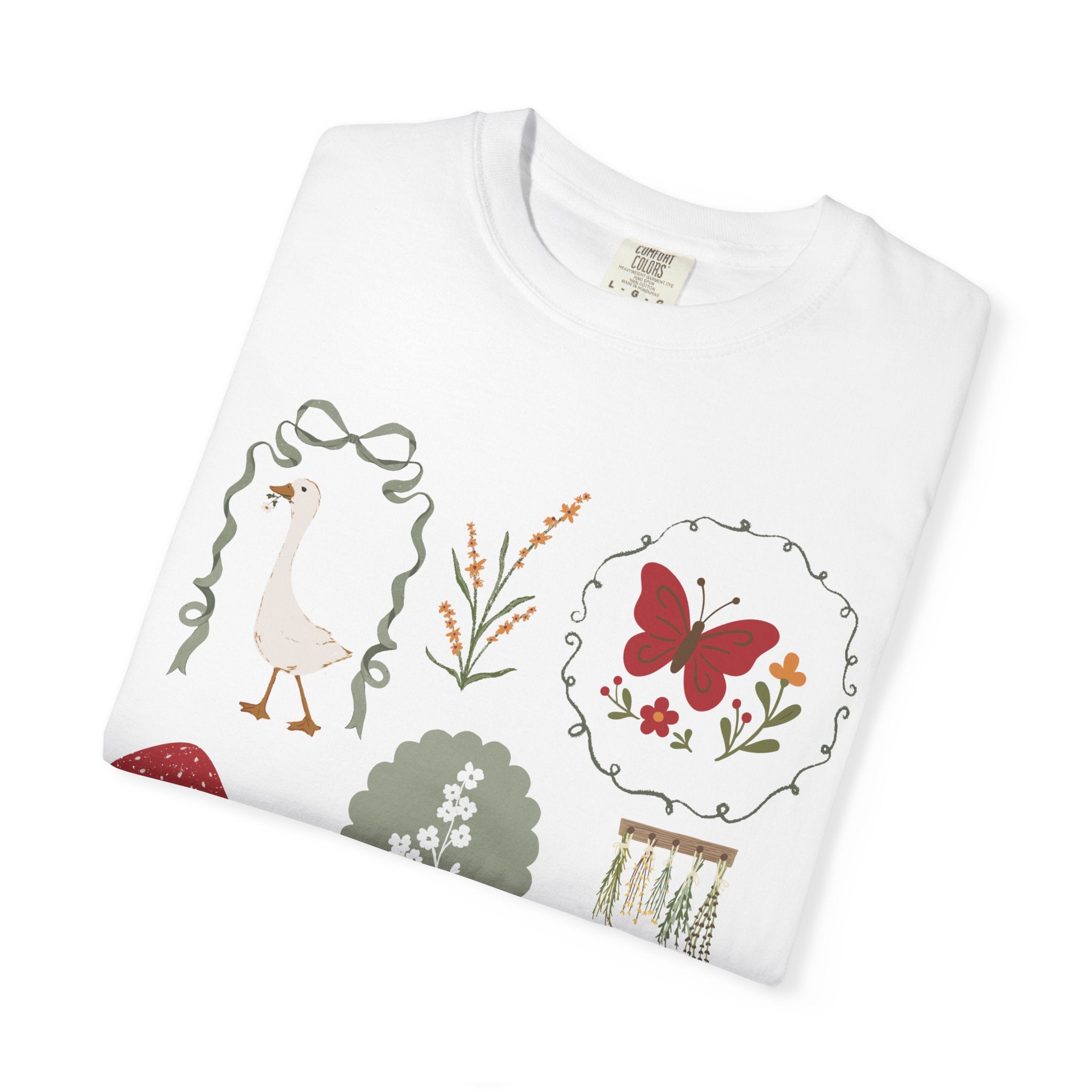 Spring Cottagecore T-Shirt — Butterfly, Mushrooms & Picnic Illustrations