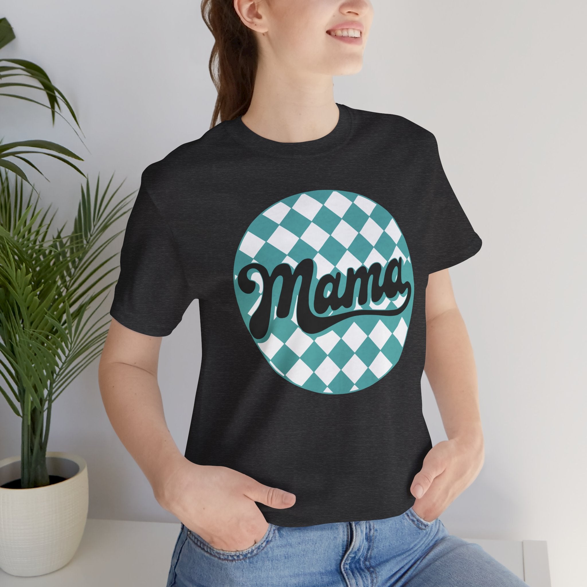 Mama Retro Checkerboard Tee — Vintage Script Mom T-Shirt