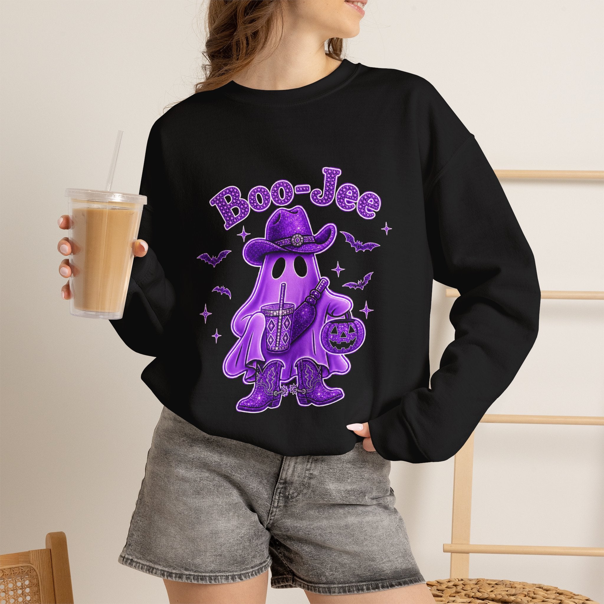Purple Bling Ghost Cowboy Sweatshirt — "Boo-Jee" Halloween Graphic Crewneck