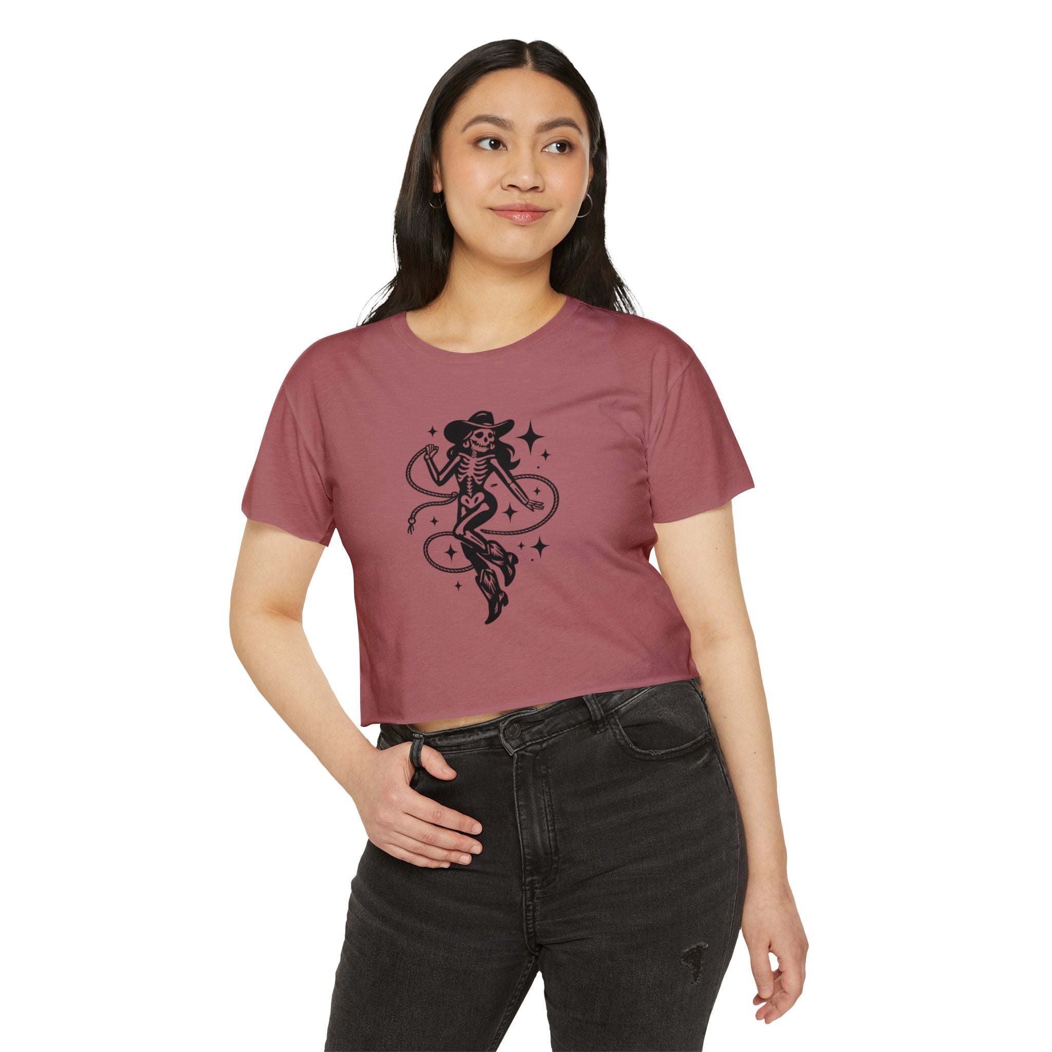 Skeleton Cowgirl Crop Top — Retro Western Festival Tee