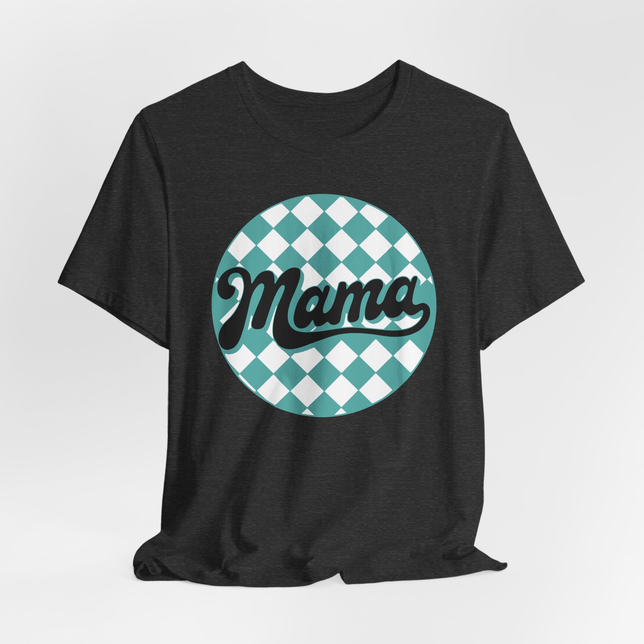 Mama Retro Checkerboard Tee — Vintage Script Mom T-Shirt