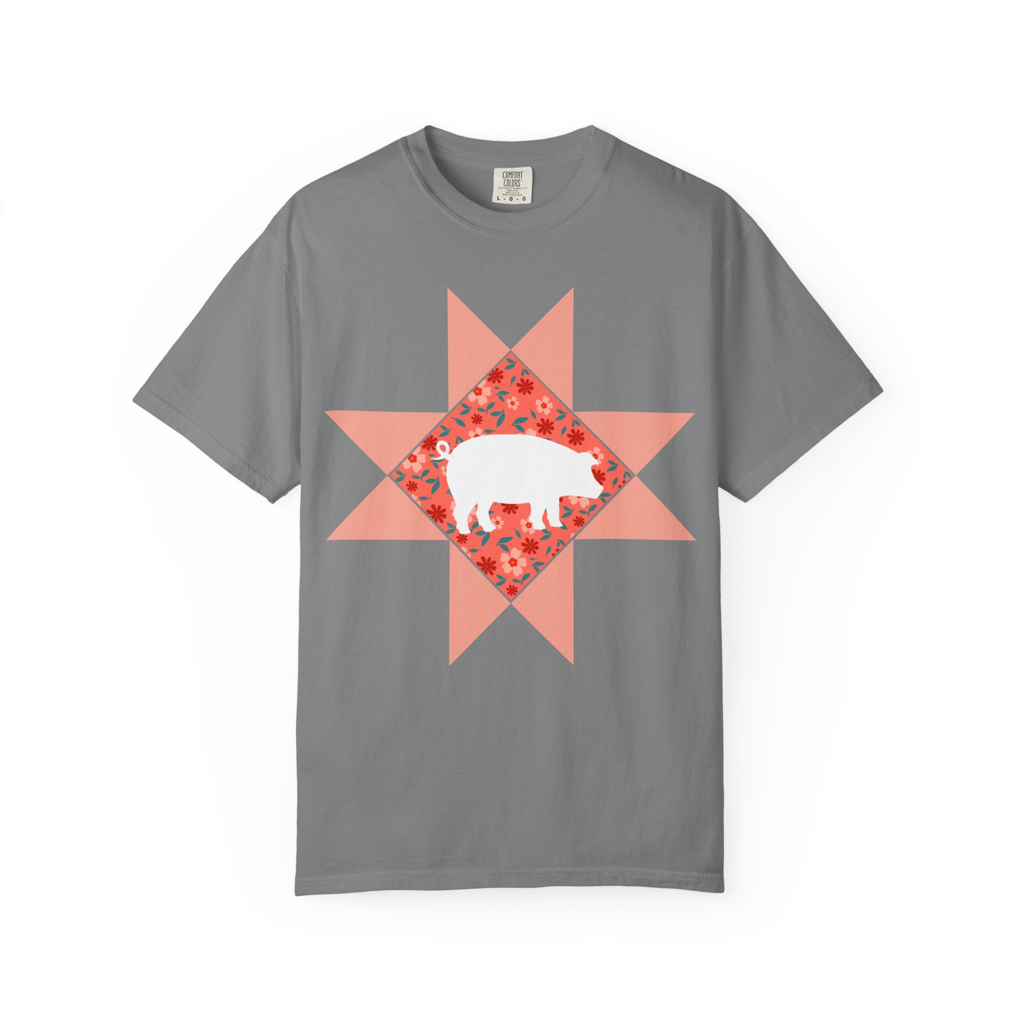 Pig Silhouette Star Quilting T-Shirt — Floral Farm Animal Tee