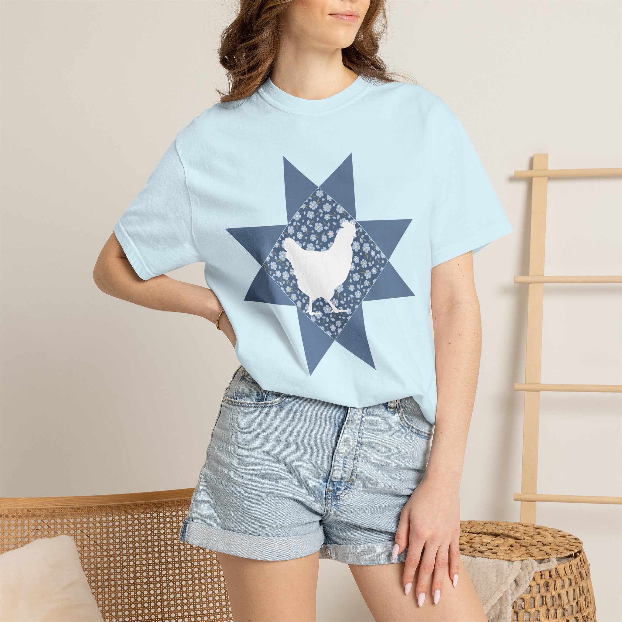 Chicken Quilt Star T‑Shirt — Farmhouse Hen Graphic Tee