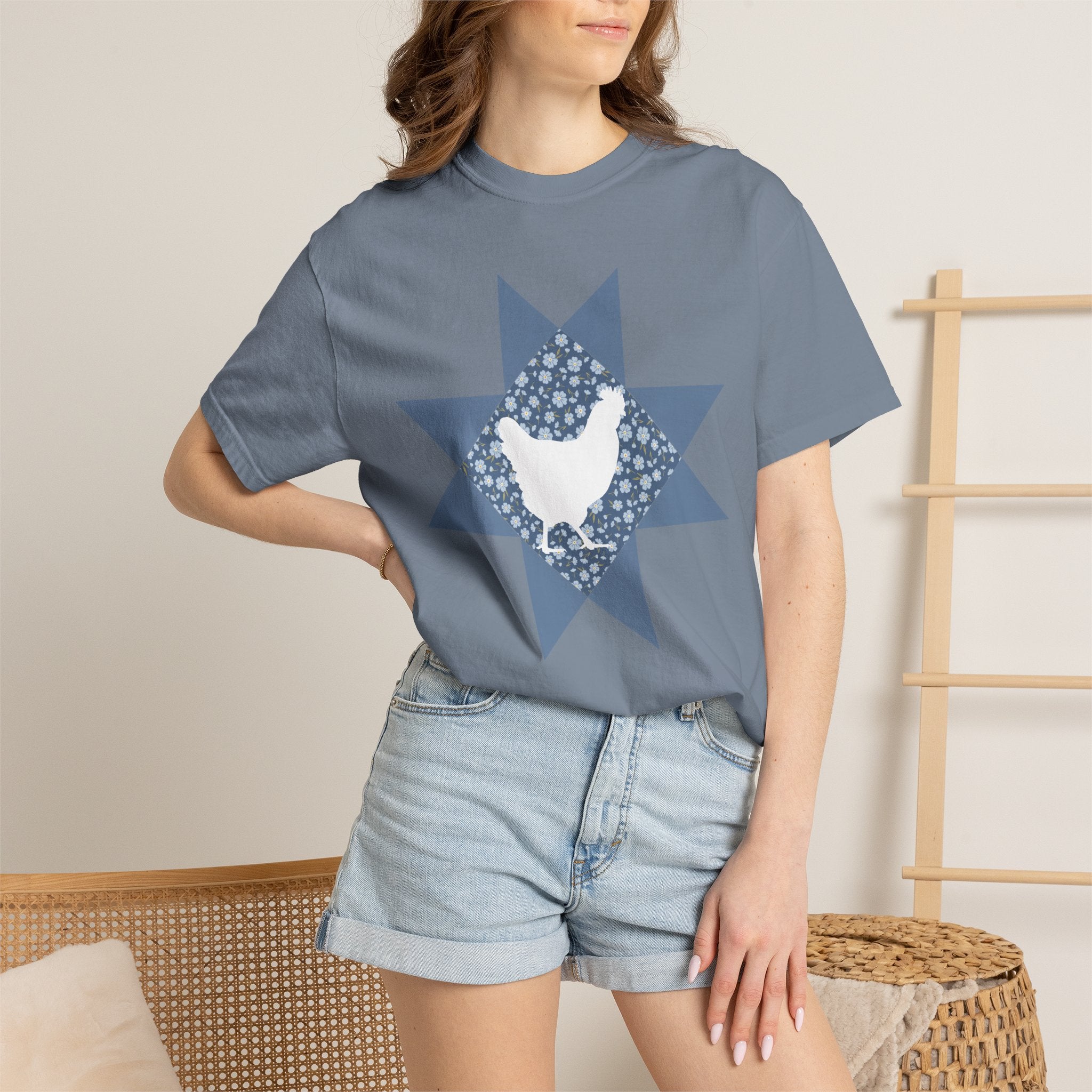 Chicken Quilt Star T‑Shirt — Farmhouse Hen Graphic Tee
