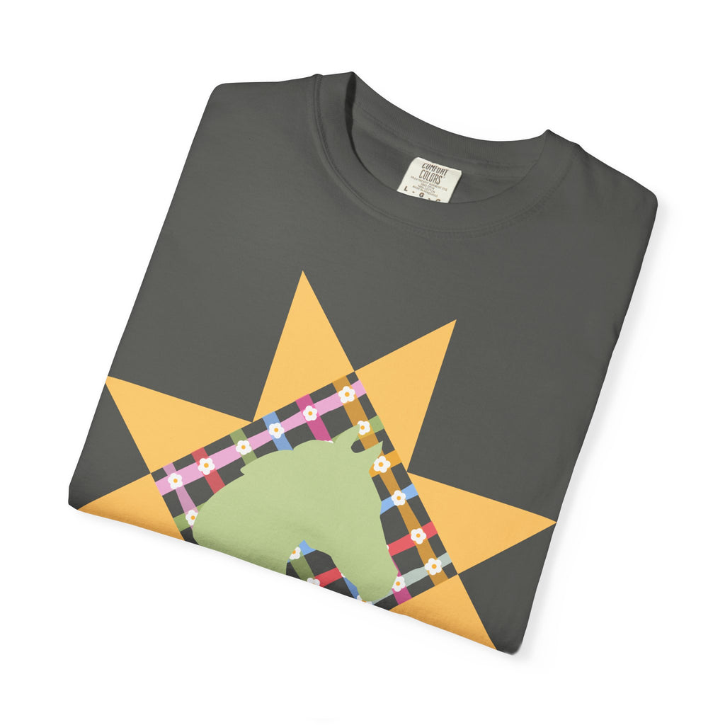 Starburst Quilt Horse Tee — Floral Patchwork Graphic T-Shirt
