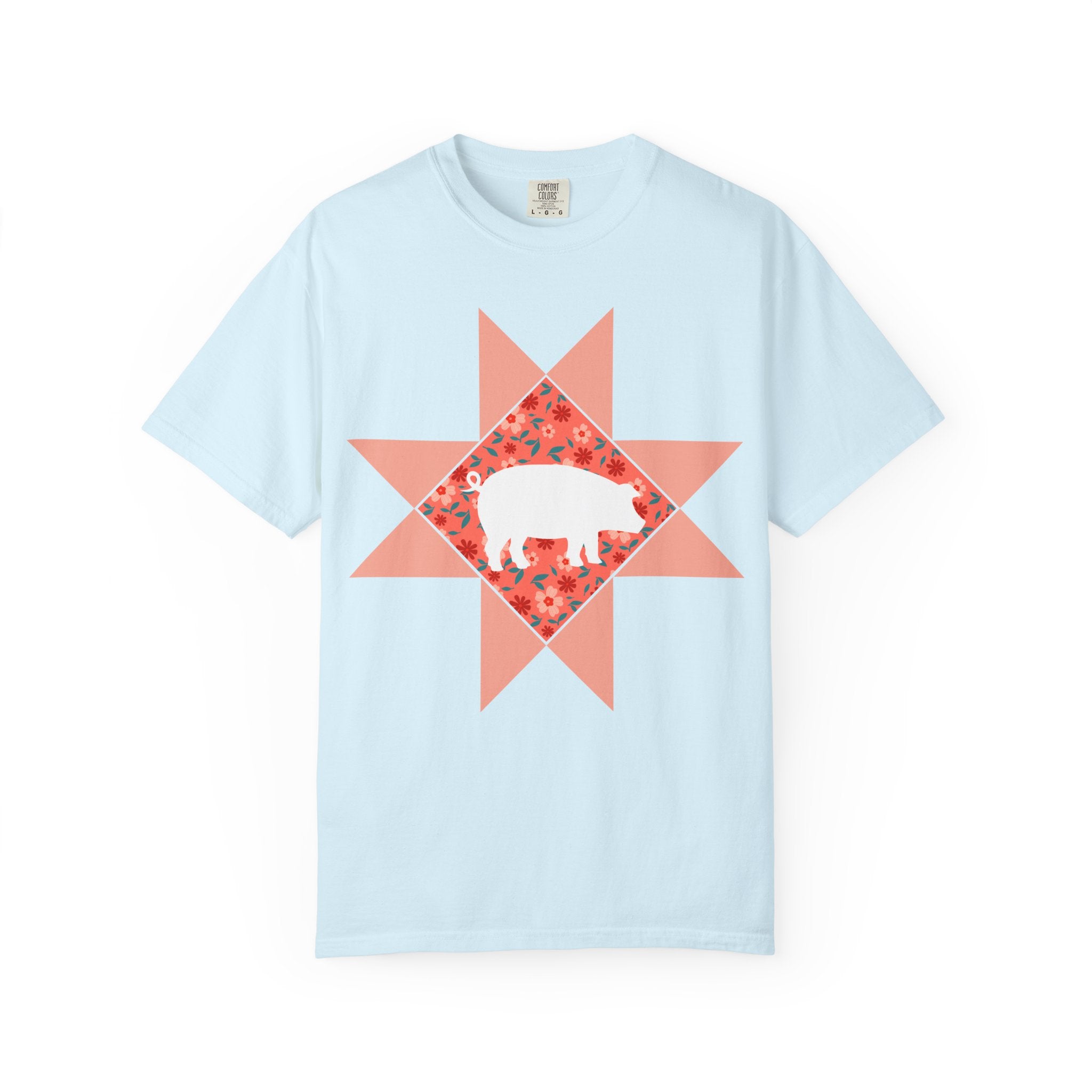 Pig Silhouette Star Quilting T-Shirt — Floral Farm Animal Tee