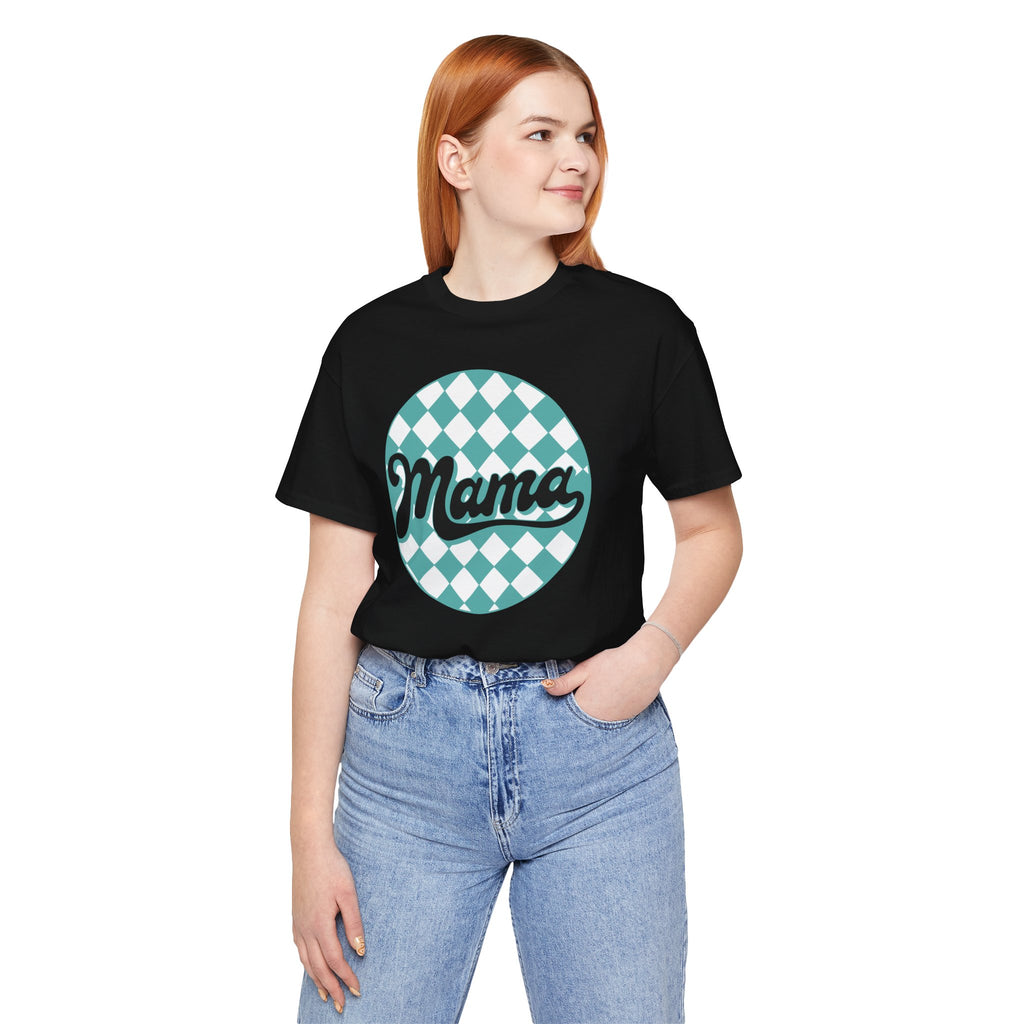Mama Retro Checkerboard Tee — Vintage Script Mom T-Shirt