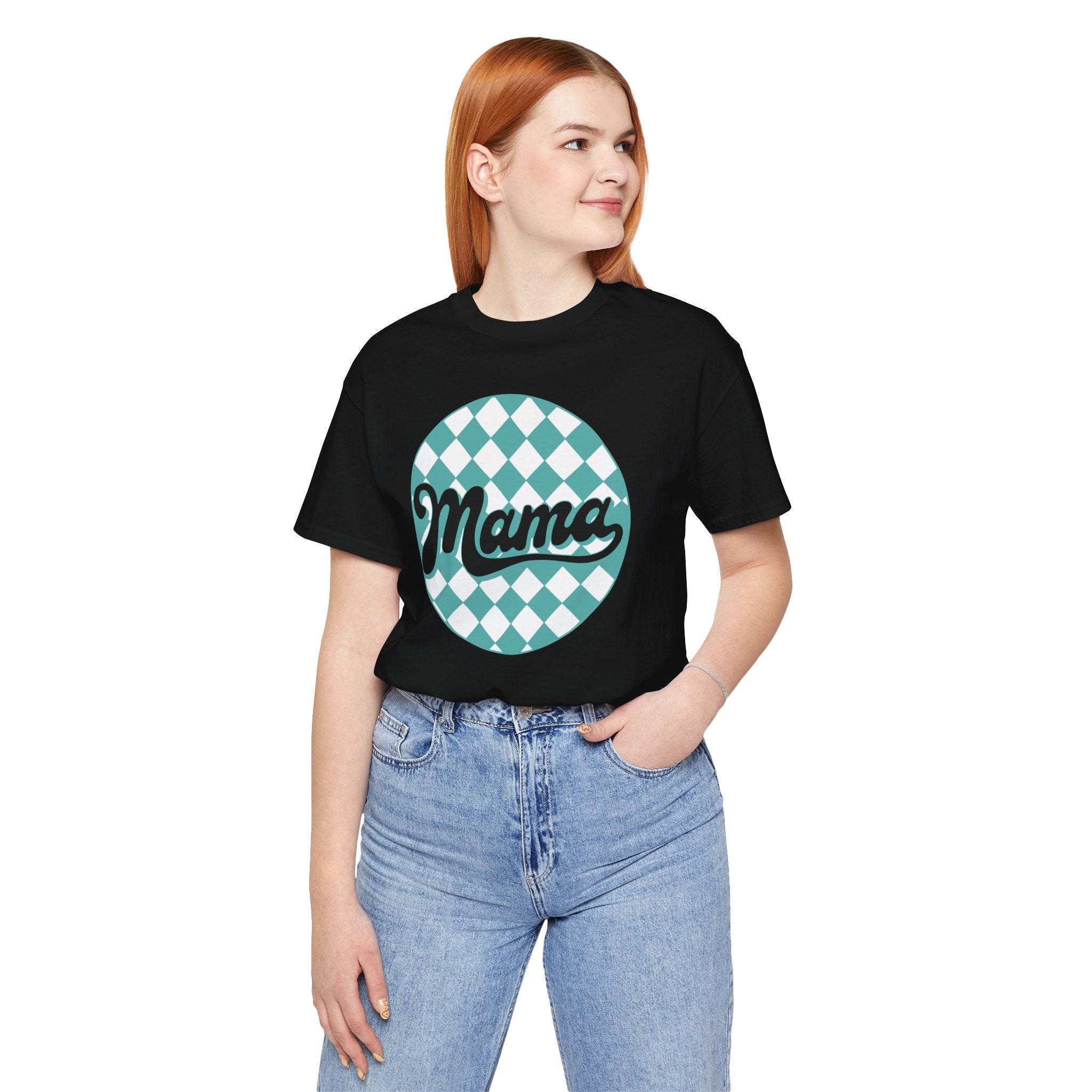 Mama Retro Checkerboard Tee — Vintage Script Mom T-Shirt