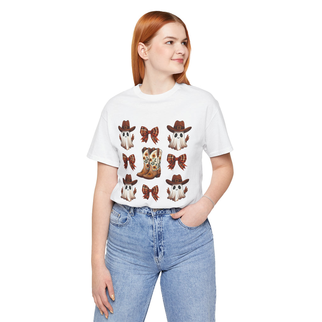 Cowgirl Fall Halloween Tee — Ghosts, Cowboy Boots & Plaid Bows Graphic T-Shirt