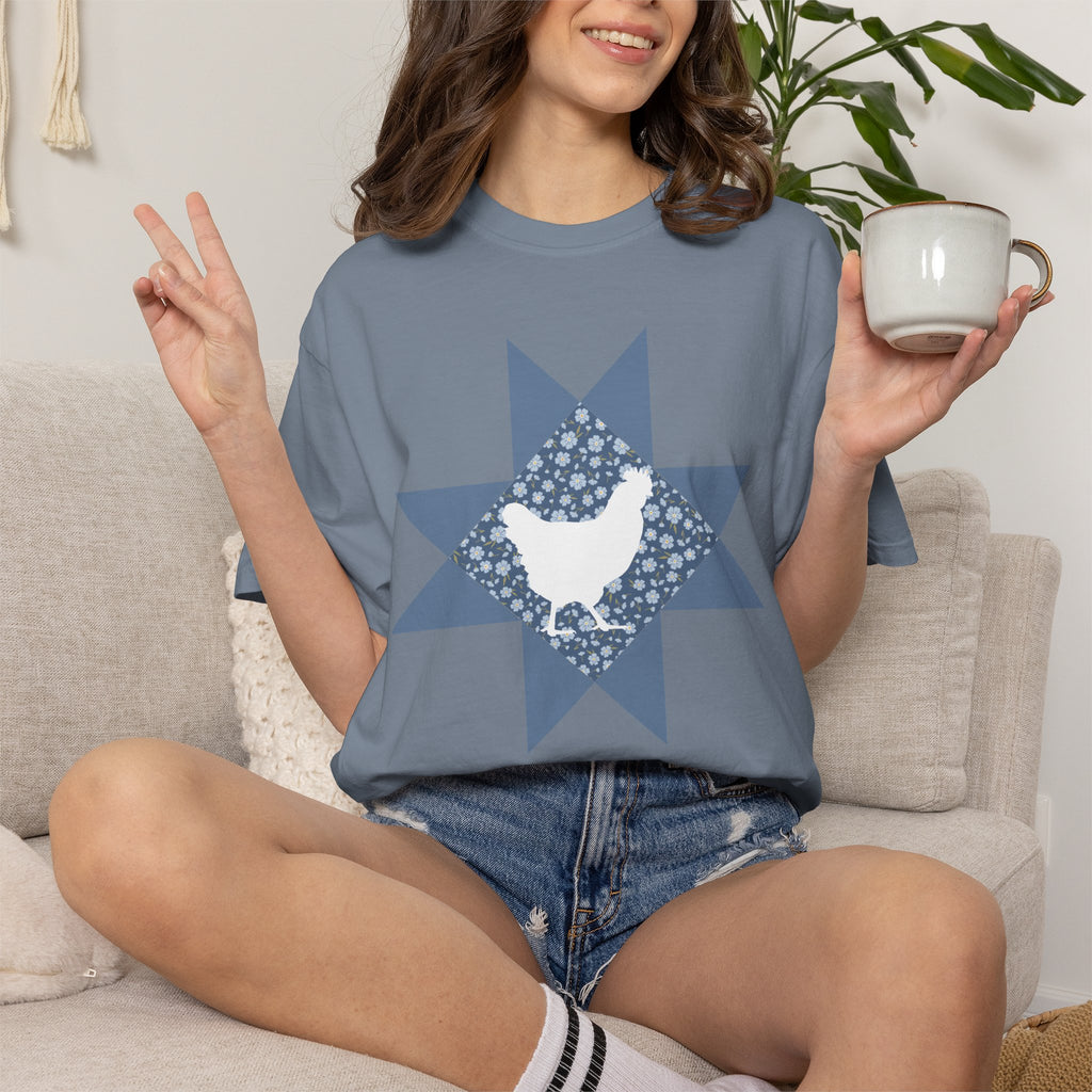 Chicken Quilt Star T‑Shirt — Farmhouse Hen Graphic Tee