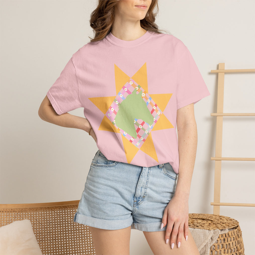 Starburst Quilt Horse Tee — Floral Patchwork Graphic T-Shirt