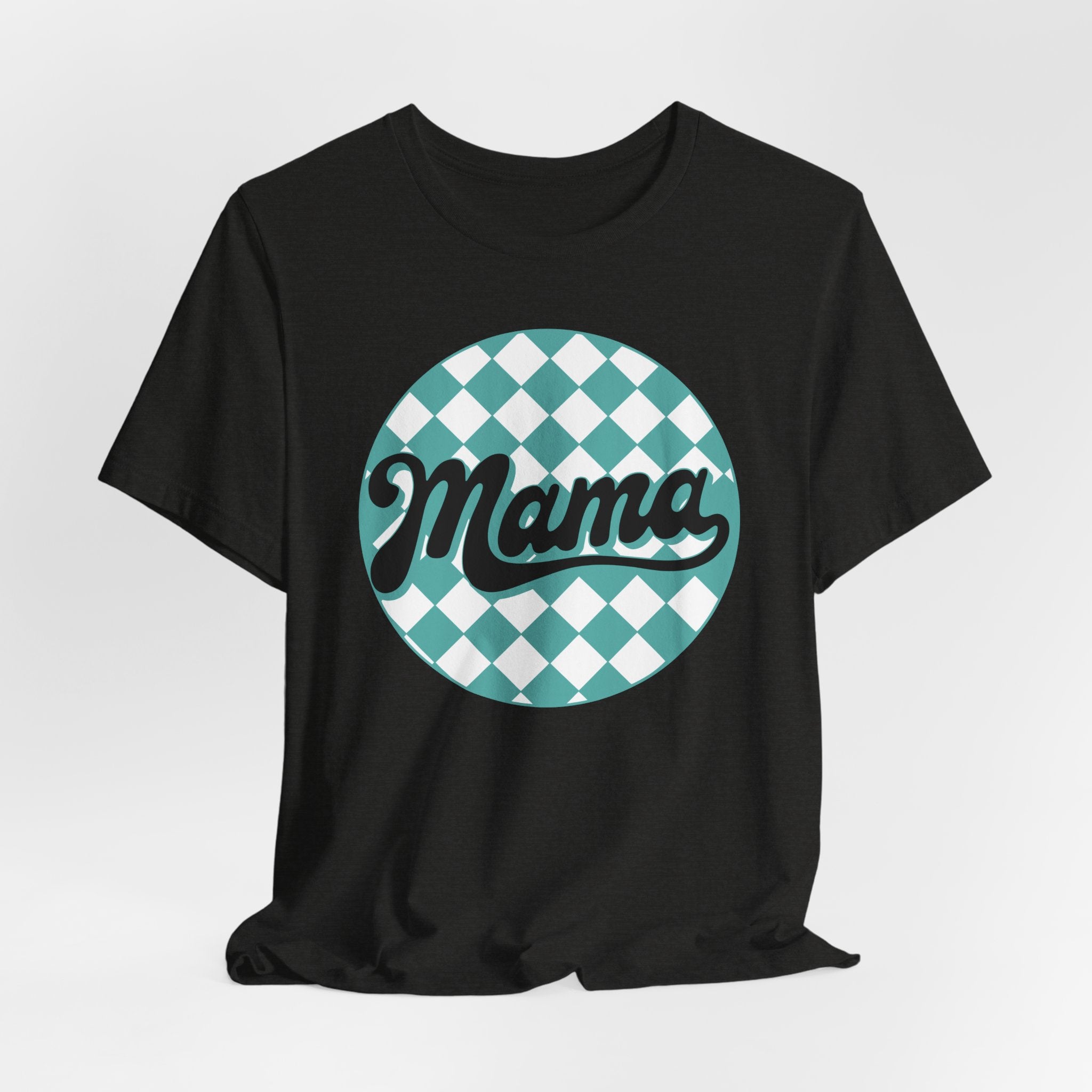 Mama Retro Checkerboard Tee — Vintage Script Mom T-Shirt