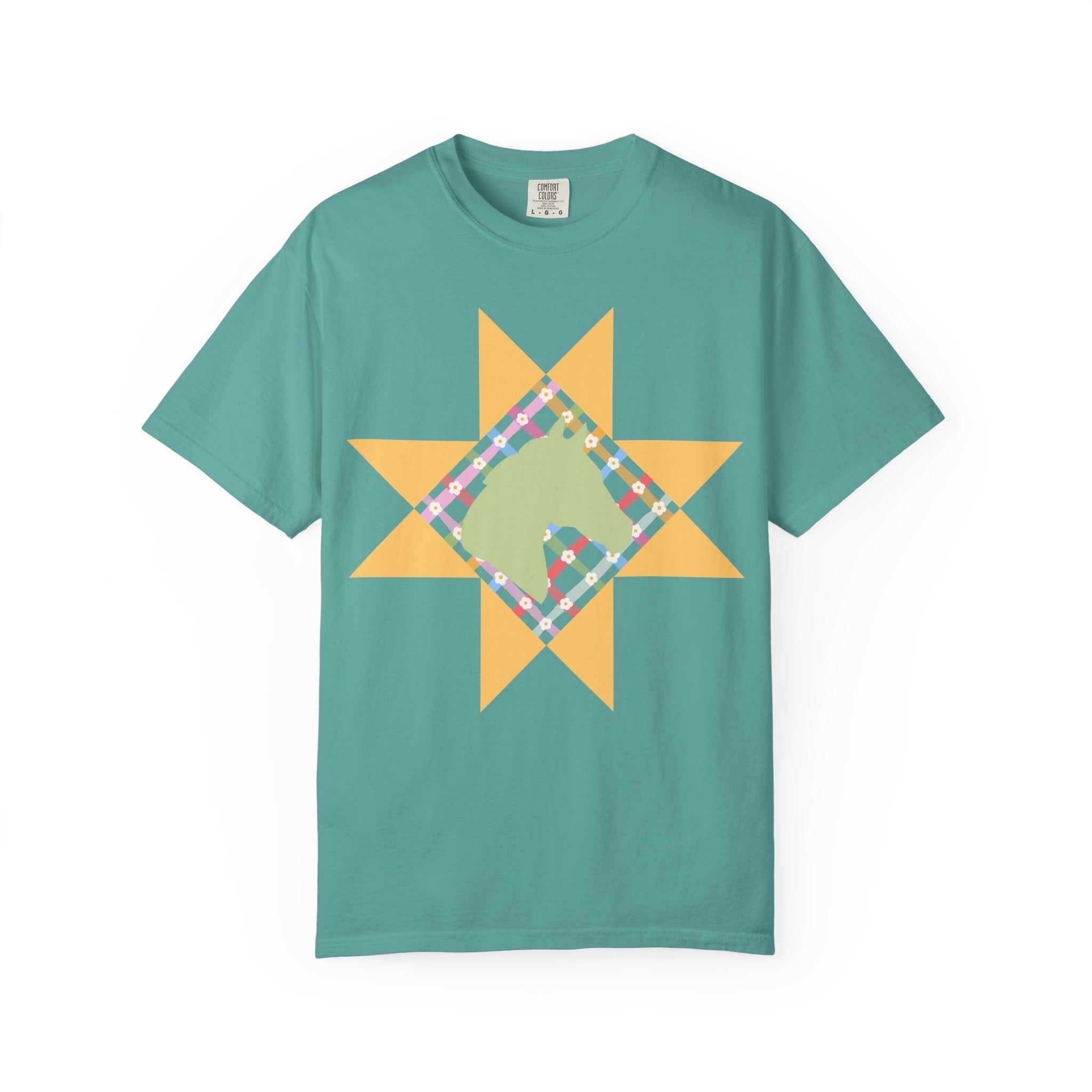 Starburst Quilt Horse Tee — Floral Patchwork Graphic T-Shirt