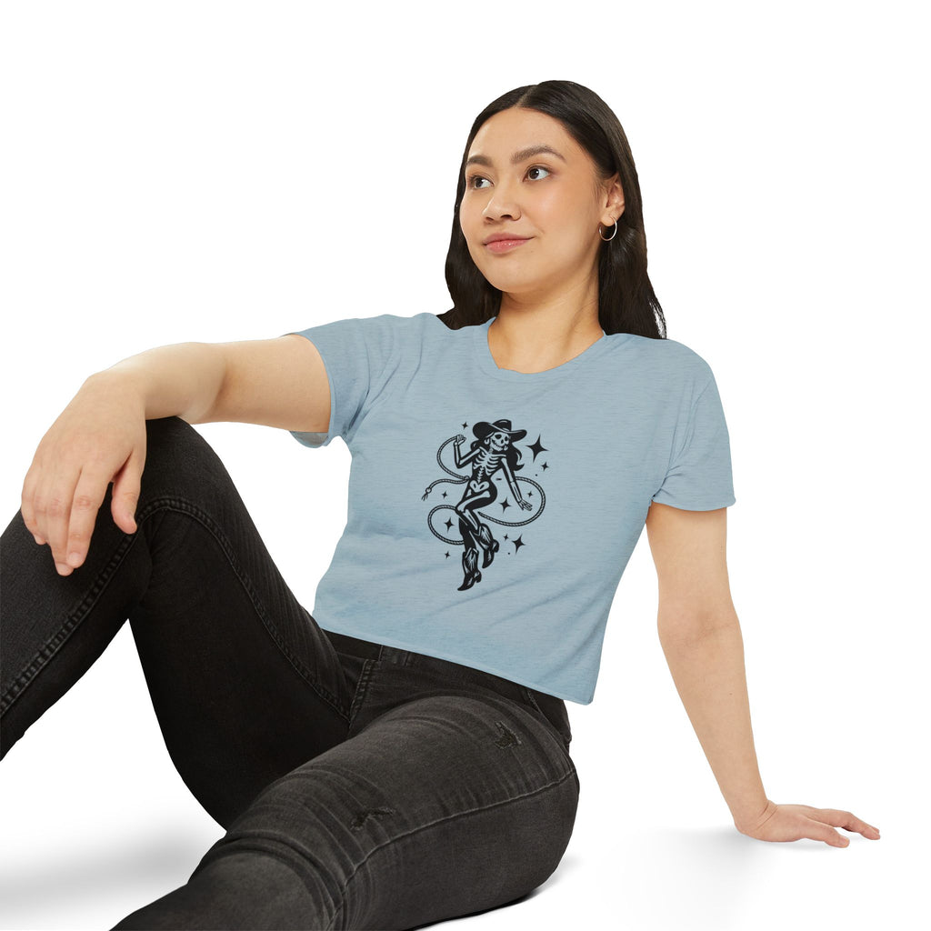 Skeleton Cowgirl Crop Top — Retro Western Festival Tee
