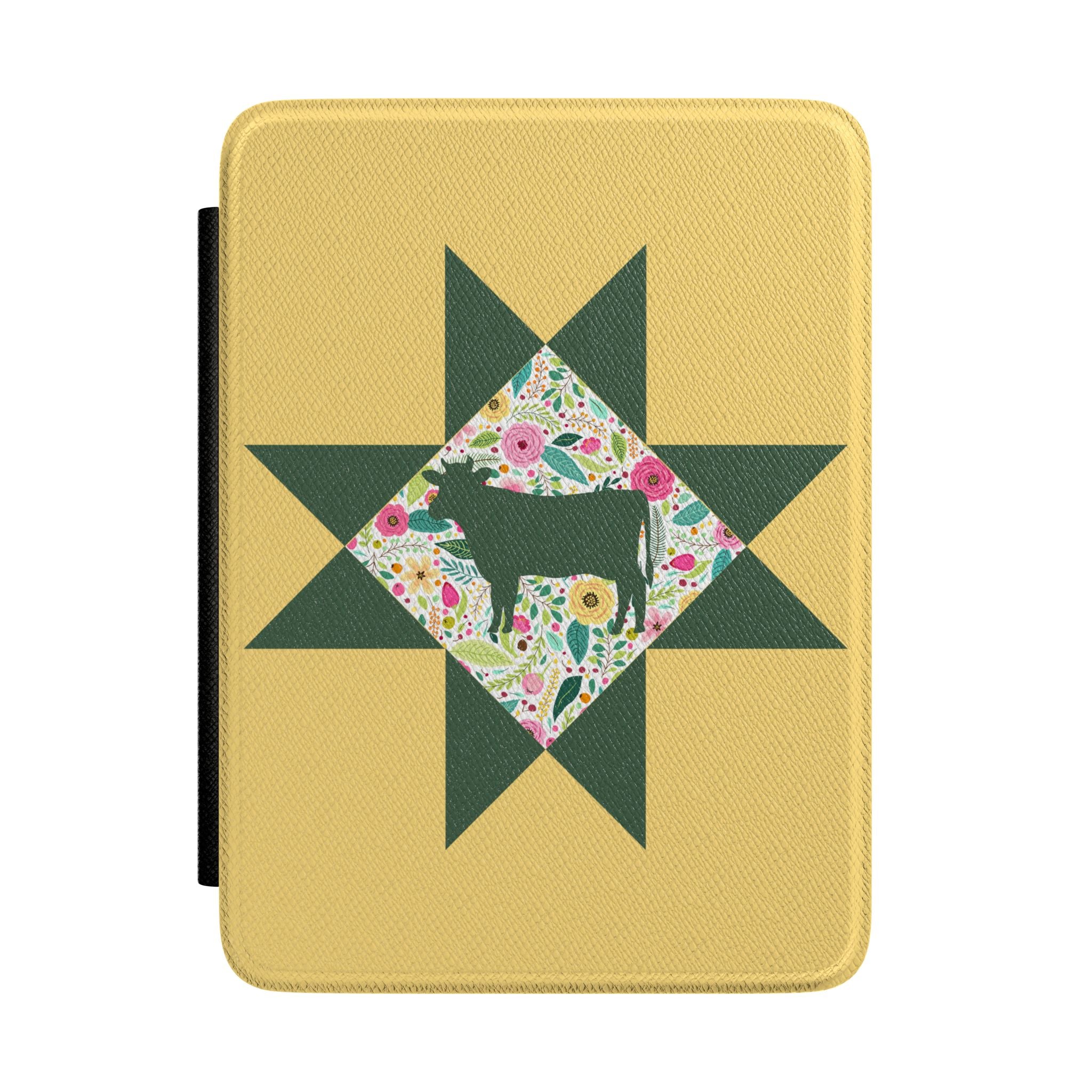 Floral Cow Quilt Star Kindle Case — Yellow Rustic Farmhouse eReader Cover