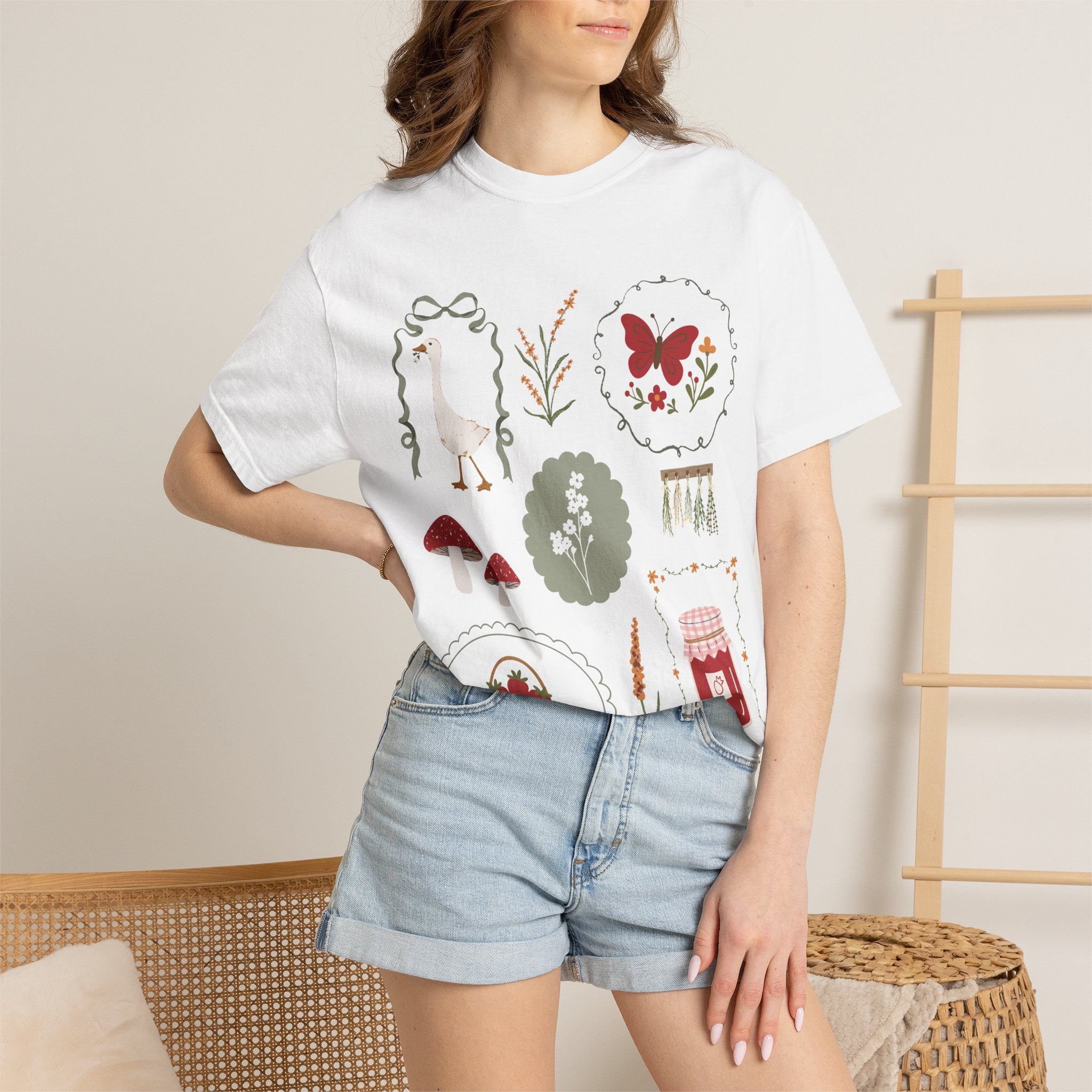 Spring Cottagecore T-Shirt — Butterfly, Mushrooms & Picnic Illustrations
