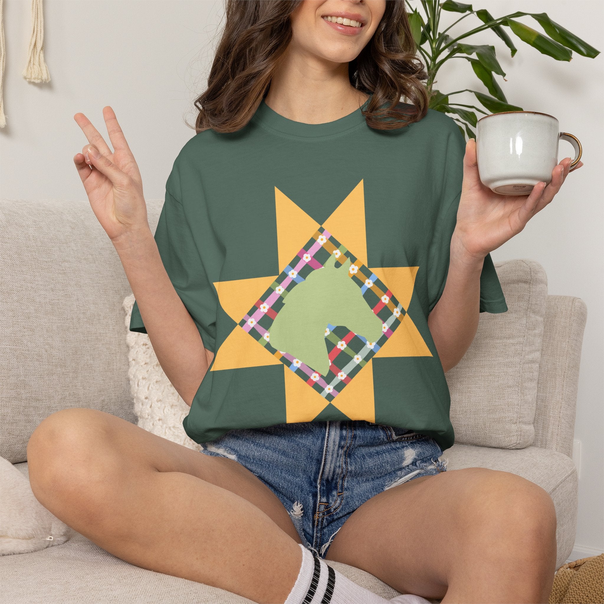 Starburst Quilt Horse Tee — Floral Patchwork Graphic T-Shirt