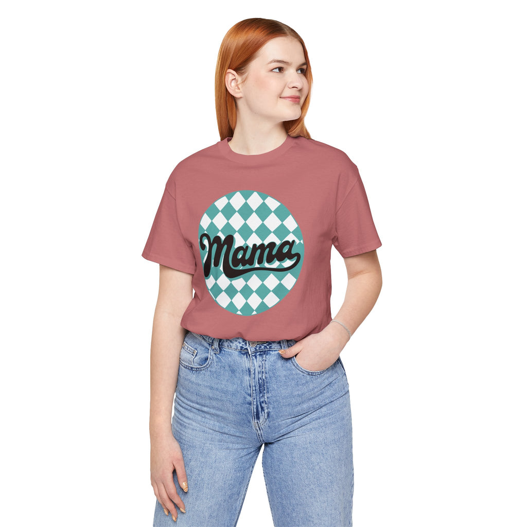 Mama Retro Checkerboard Tee — Vintage Script Mom T-Shirt
