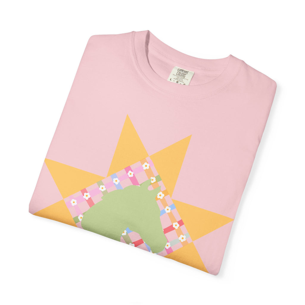Starburst Quilt Horse Tee — Floral Patchwork Graphic T-Shirt