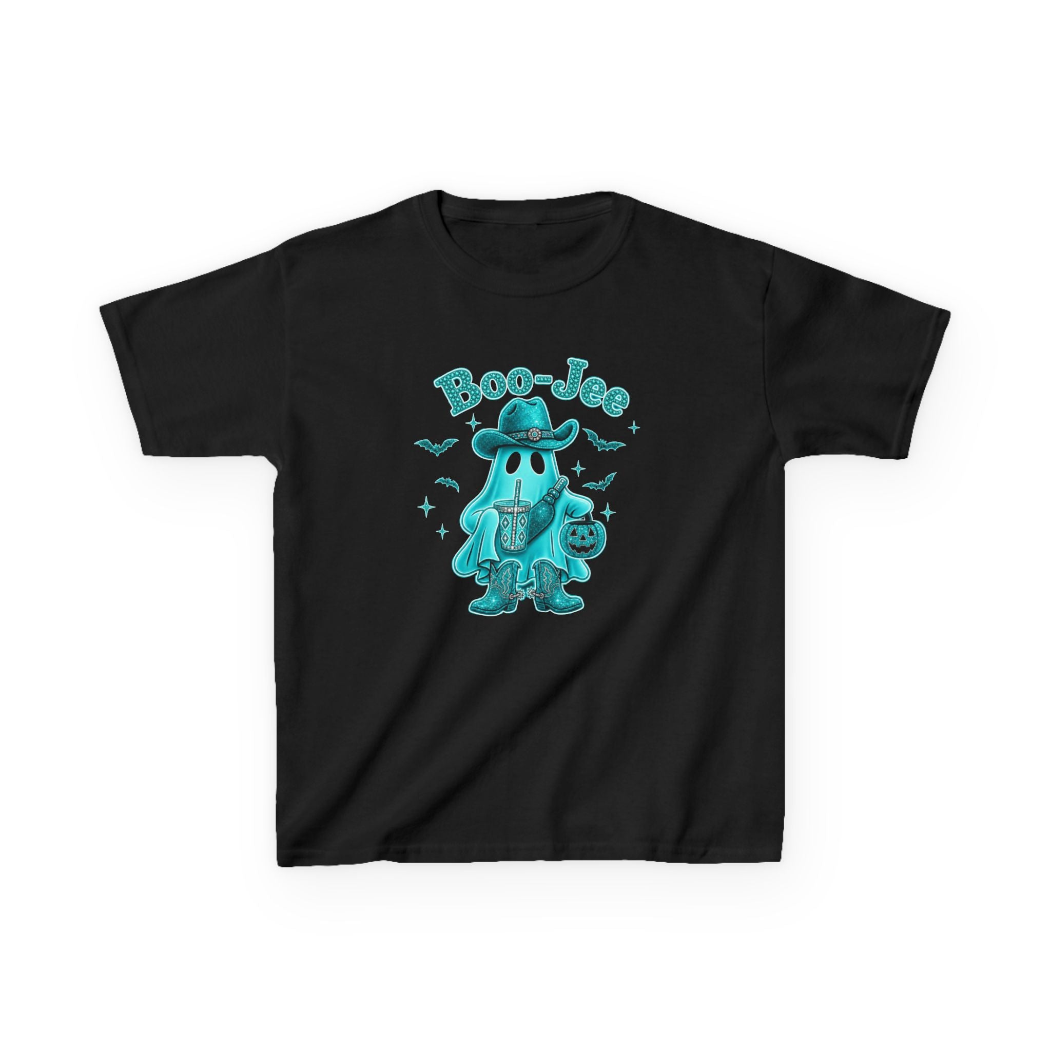 Kids Tee — "Boo-Jee" Cute Turquoise Teal Bling Ghost Trick-or-Treat Halloween Shirt