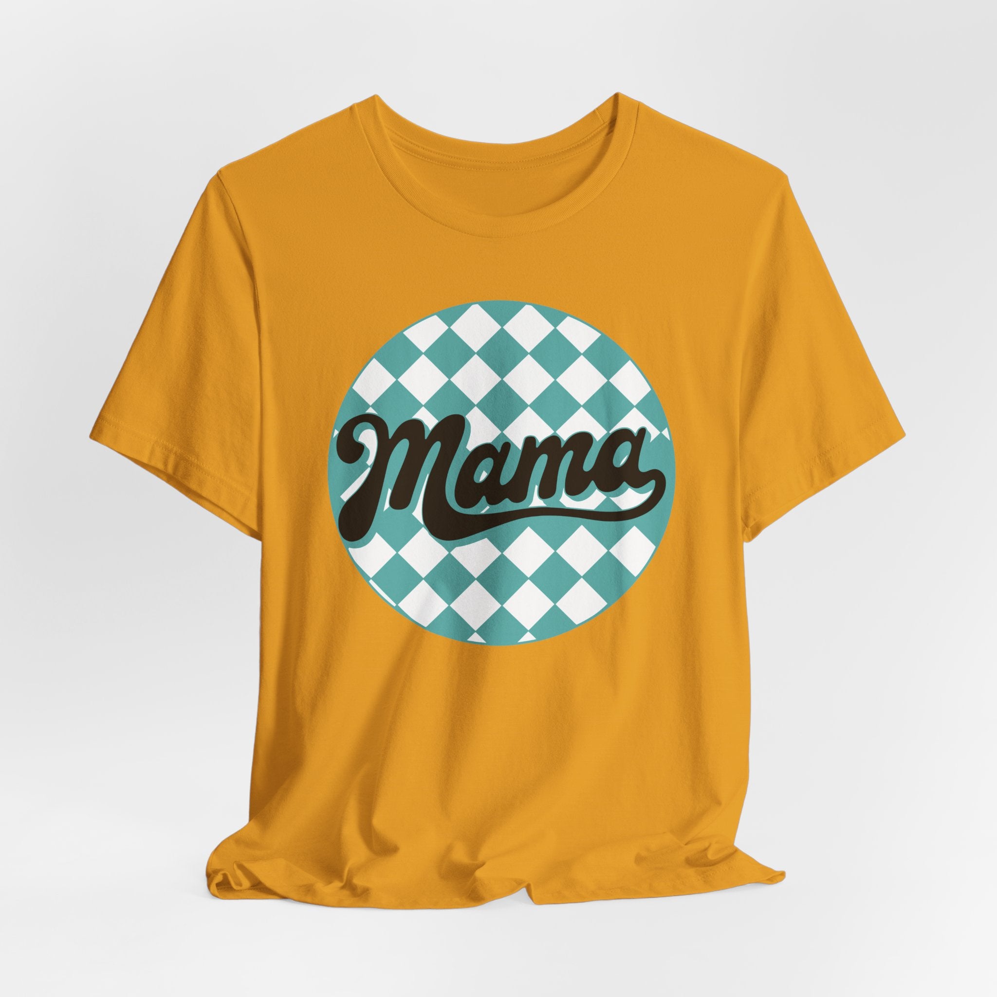 Mama Retro Checkerboard Tee — Vintage Script Mom T-Shirt