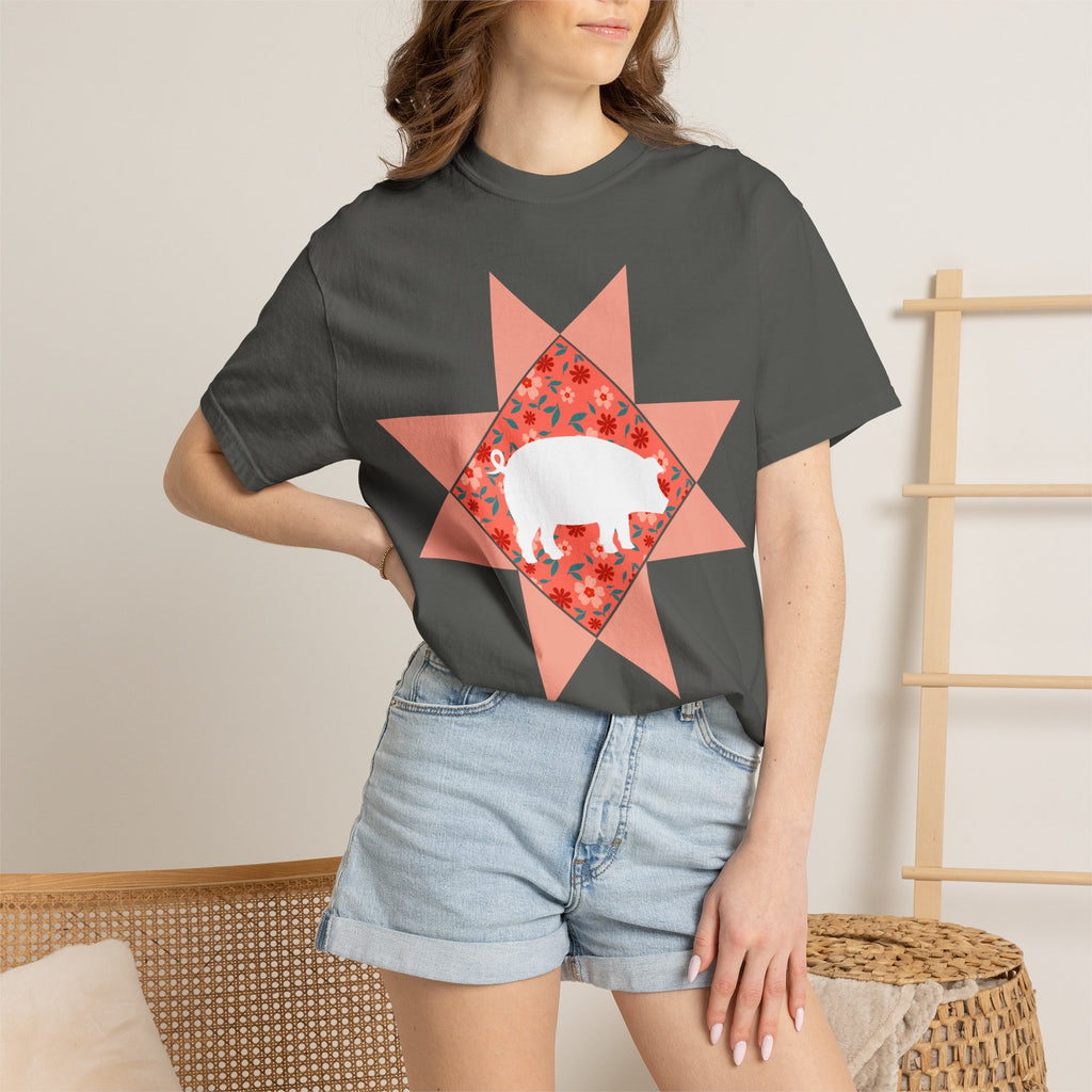 Pig Silhouette Star Quilting T-Shirt — Floral Farm Animal Tee