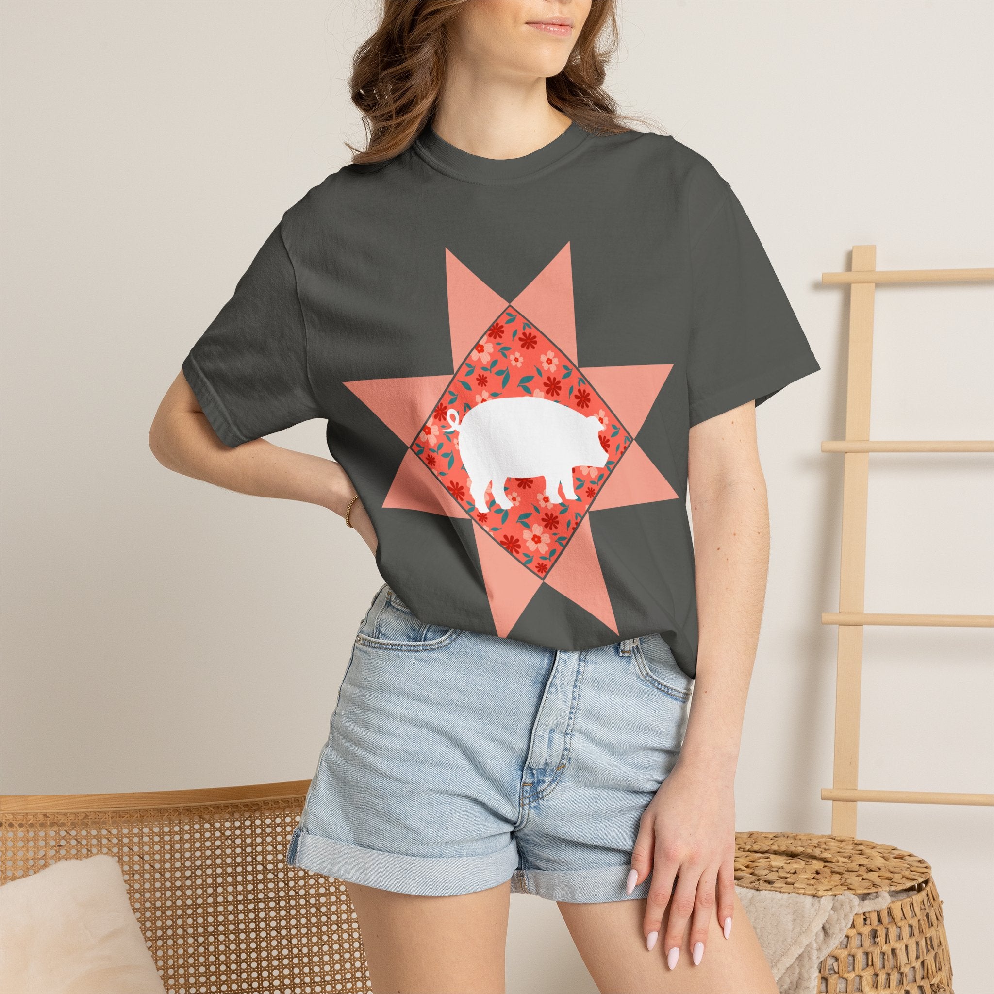 Pig Silhouette Star Quilting T-Shirt — Floral Farm Animal Tee