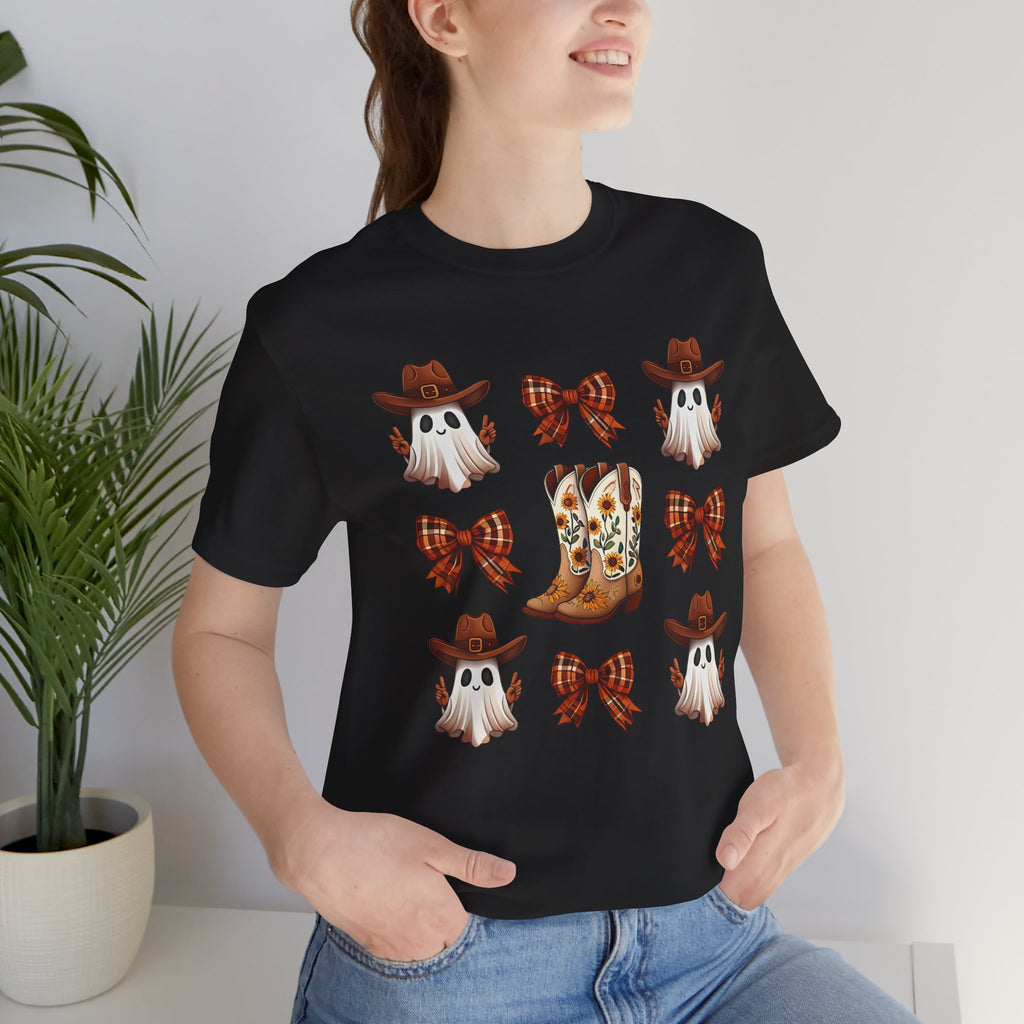 Cowgirl Fall Halloween Tee — Ghosts, Cowboy Boots & Plaid Bows Graphic T-Shirt
