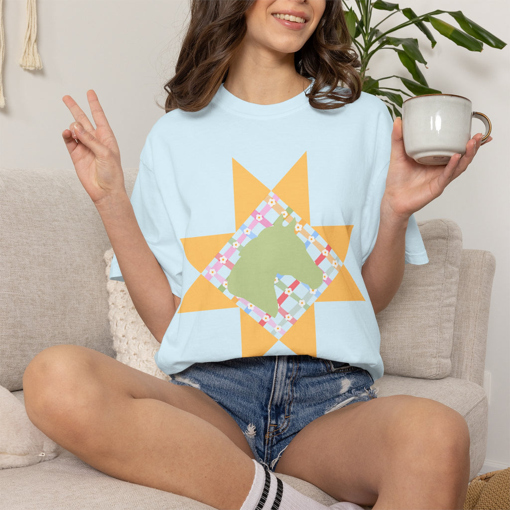 Starburst Quilt Horse Tee — Floral Patchwork Graphic T-Shirt